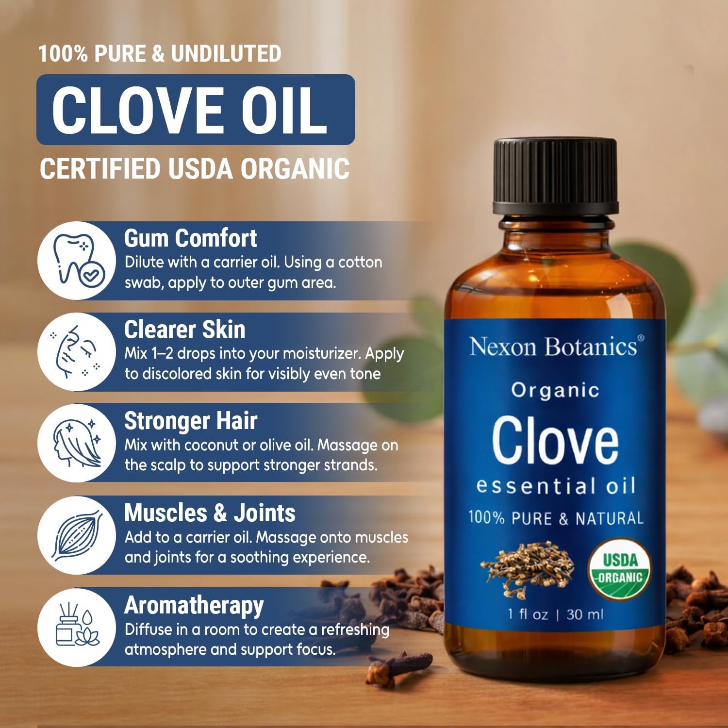Organic Clove Essential Oil 30 ml - Pure, Undiluted for Teeth and Gums | Topical Clove Bud Essential Oil for Sore Muscles, Skin, Hair Care & Toothache - Natural Source of Eugenol - Nexon Botanics - Image 2