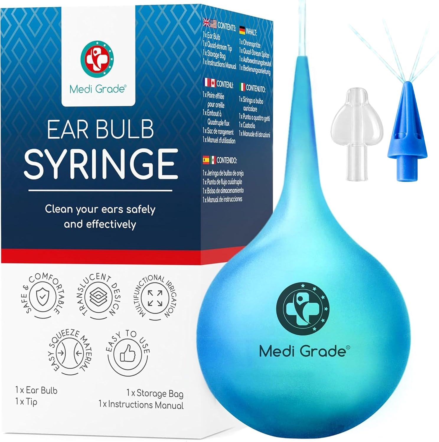 Medi Grade Ear Wax Removal Bulb Syringe 2.54 fl oz, Ear Cleaner Irrigation | Easy-squeeze ear syringe 75ml with quad stream tip, gentle ear cleaning tool for adults and kids, safe ear flushing at home