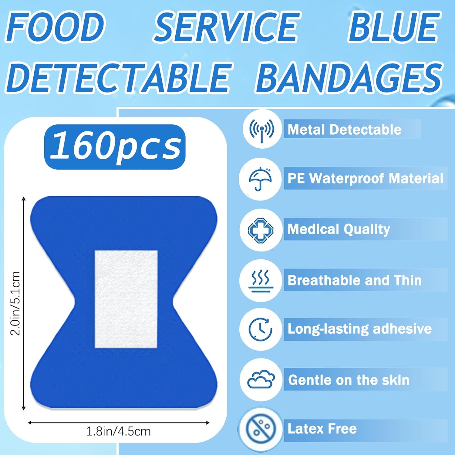 160Pcs Blue Metal Detectable Waterproof Adhesive Bandages 1.75" X 2" Butterfly Shape Food Service Blue Bandages with Quilt-Aid Pad for Catering First Aid and Wound Care Supplies - Image 3