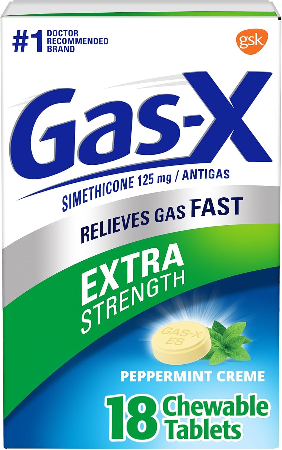 Gas-X Extra Strength Chewable Tablets, Gas Relief, Peppermint Crème, 18 Ct | Simethicone 125mg Extra Strength Chewable Tablets, Fast Gas and Bloating Relief, GLP-1 Support