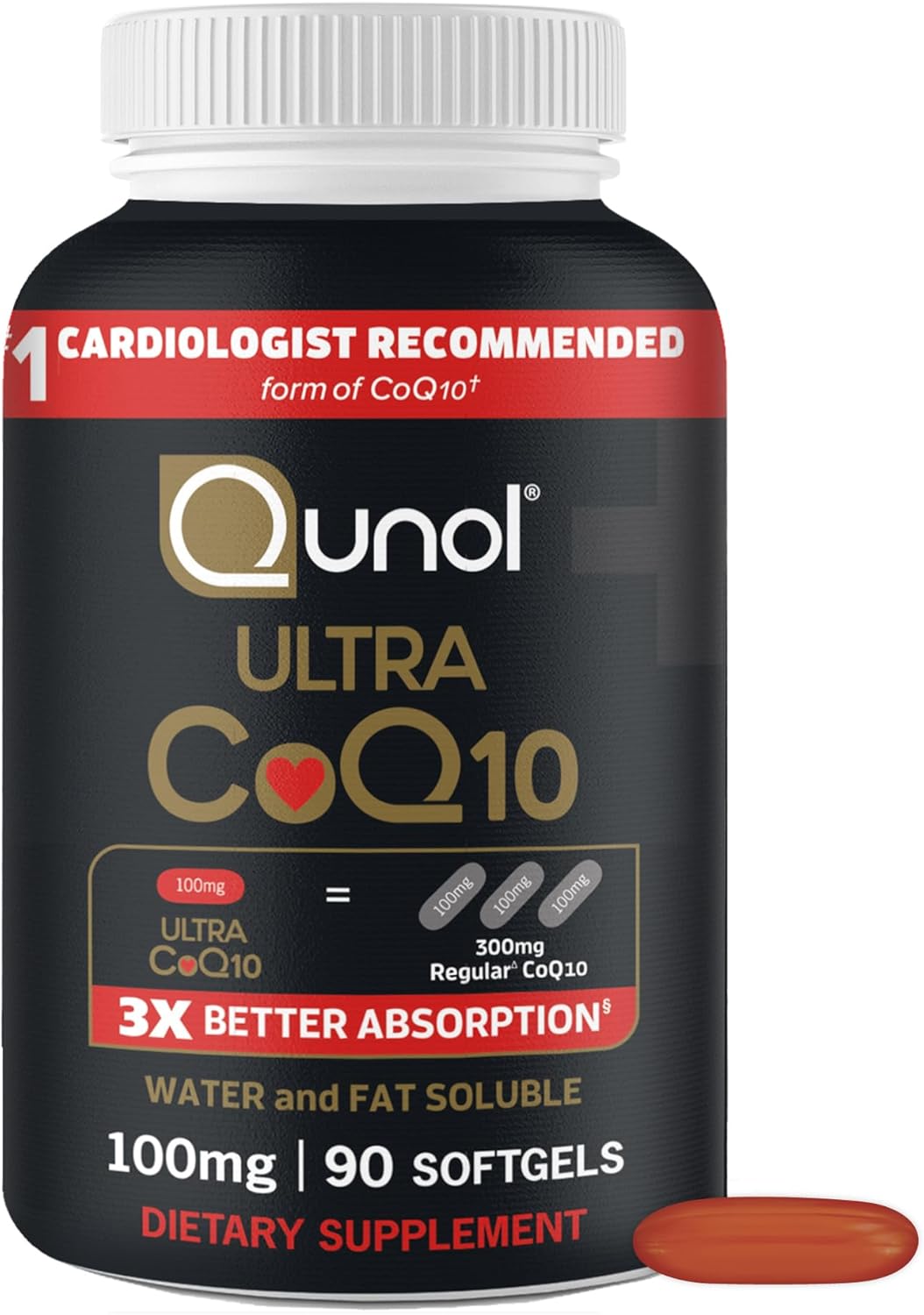 Qunol Ultra CoQ10 100mg, 3X Better Absorption, Antioxidant, 90 Softgels | #1 Cardiologist Recommended Supplement for Heart Health, Coenzyme Q10 Supplement to support Vascular Health & Cellular Energy