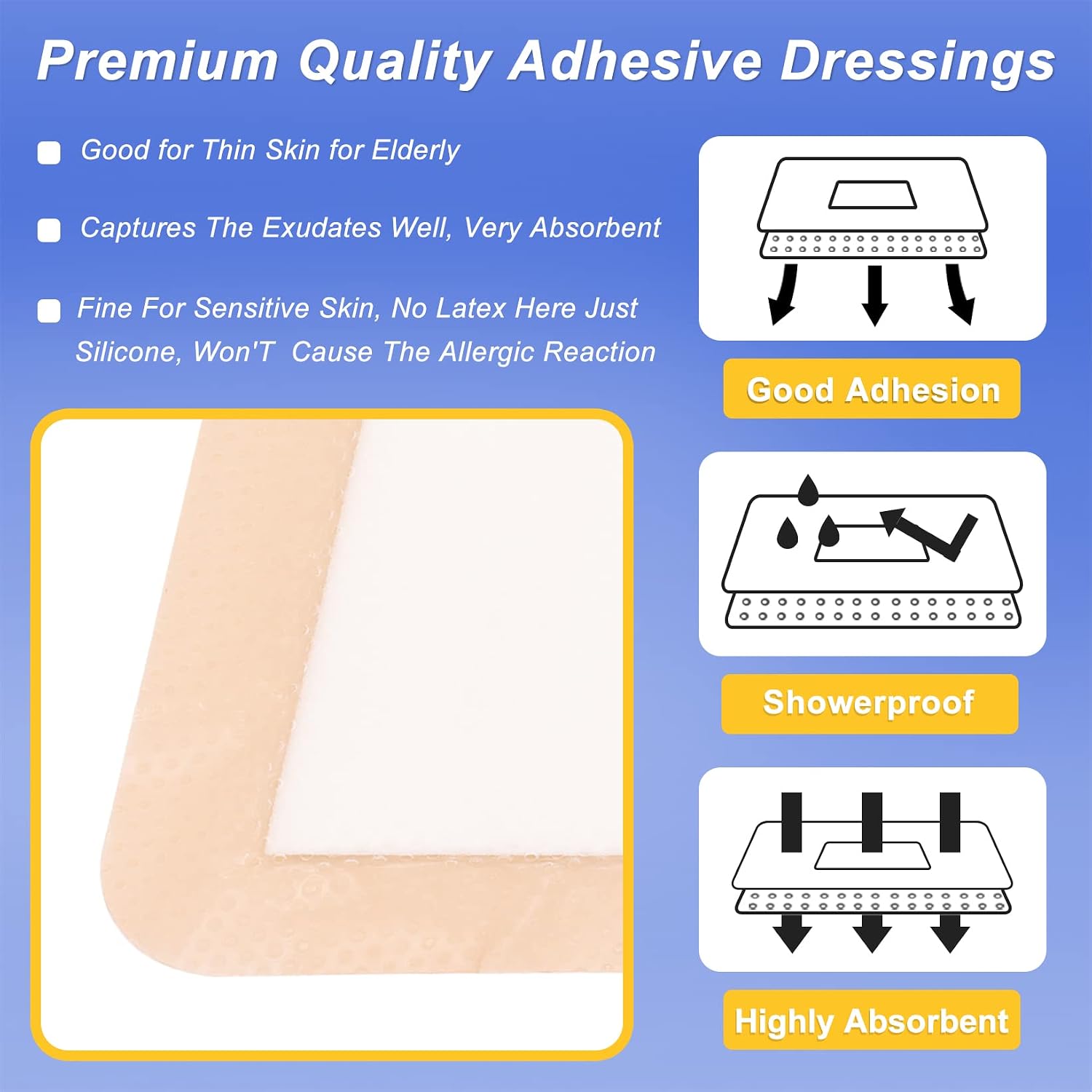 Niceful Silicone Foam Dressing 5“x5 10 Pcs, Gentle for Sensitive Skin | Bordered Silicone Foam, 5-Layer Absorbent Core, Waterproof, Painless Removal, Bed Sores & Diabetic Ulcers, 3"X3" Pad - Image 3