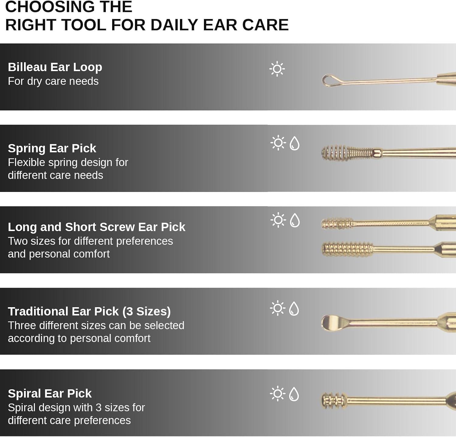 Hion 6 Pcs Extended Ear Wax Removal Kit,Professional Double-Headed Ear Pick Earwax Removal Tools,316L Stainless Steel Ear Cleaner Curette with Cleaning Brush and Storage Box,Suit for Kid Adult(Gold) - Image 3