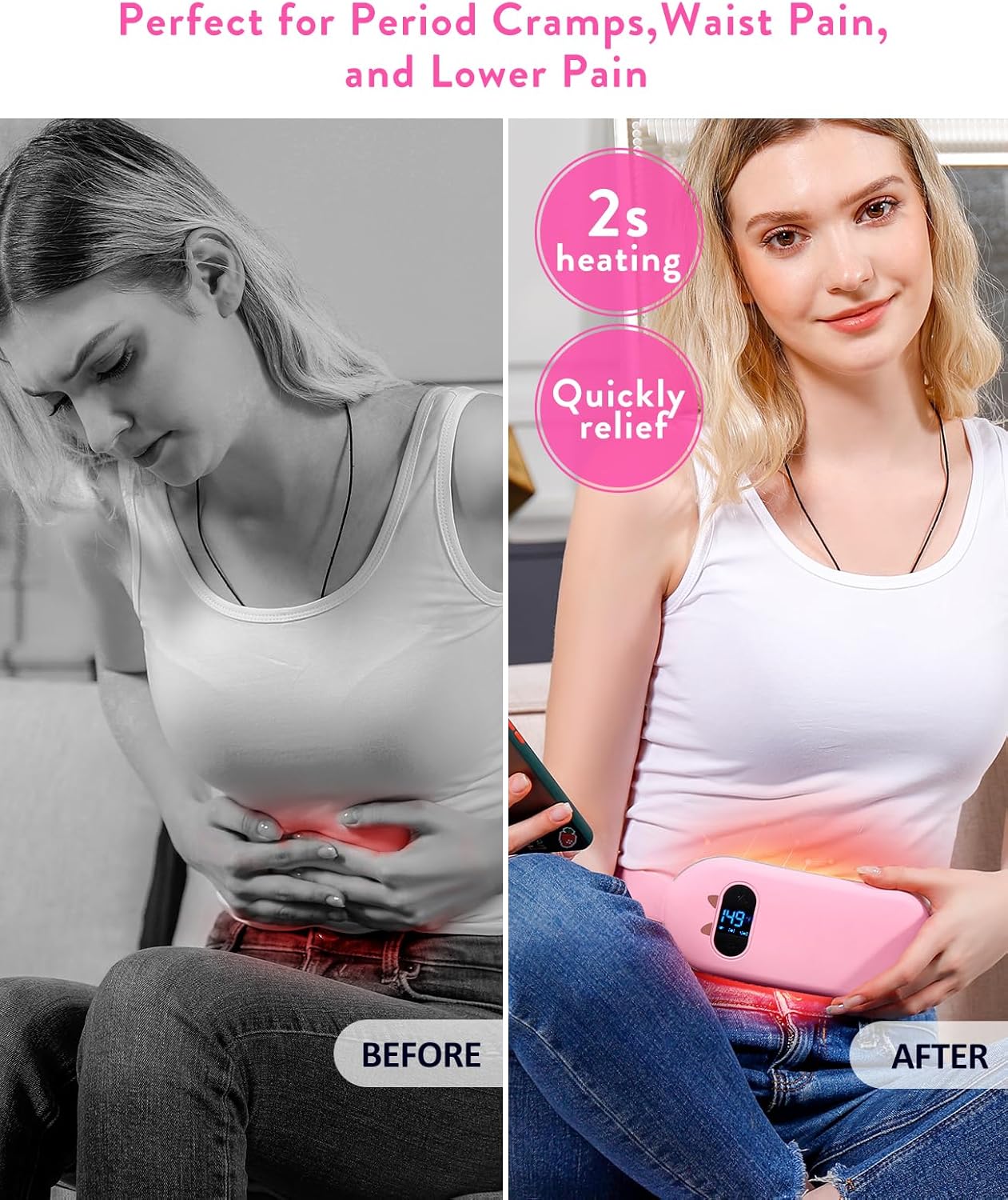 Portable Heating Pad for Period Cramps: 6 Heat Levels and 6 Massage Modes | Cordless Electric 3s Fast Heating Belly Wrap Belt for Menstrual, Back Pain Relief - A Gift for Women Girls Her - Image 2