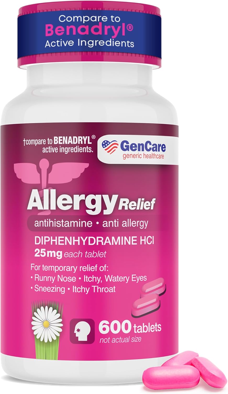 GenCare Diphenhydramine 25mg Allergy Relief Tablets, Bulk 600 Ct | Compares to Benadryl; antihistamine relieves sneezing, runny nose & itchy eyes