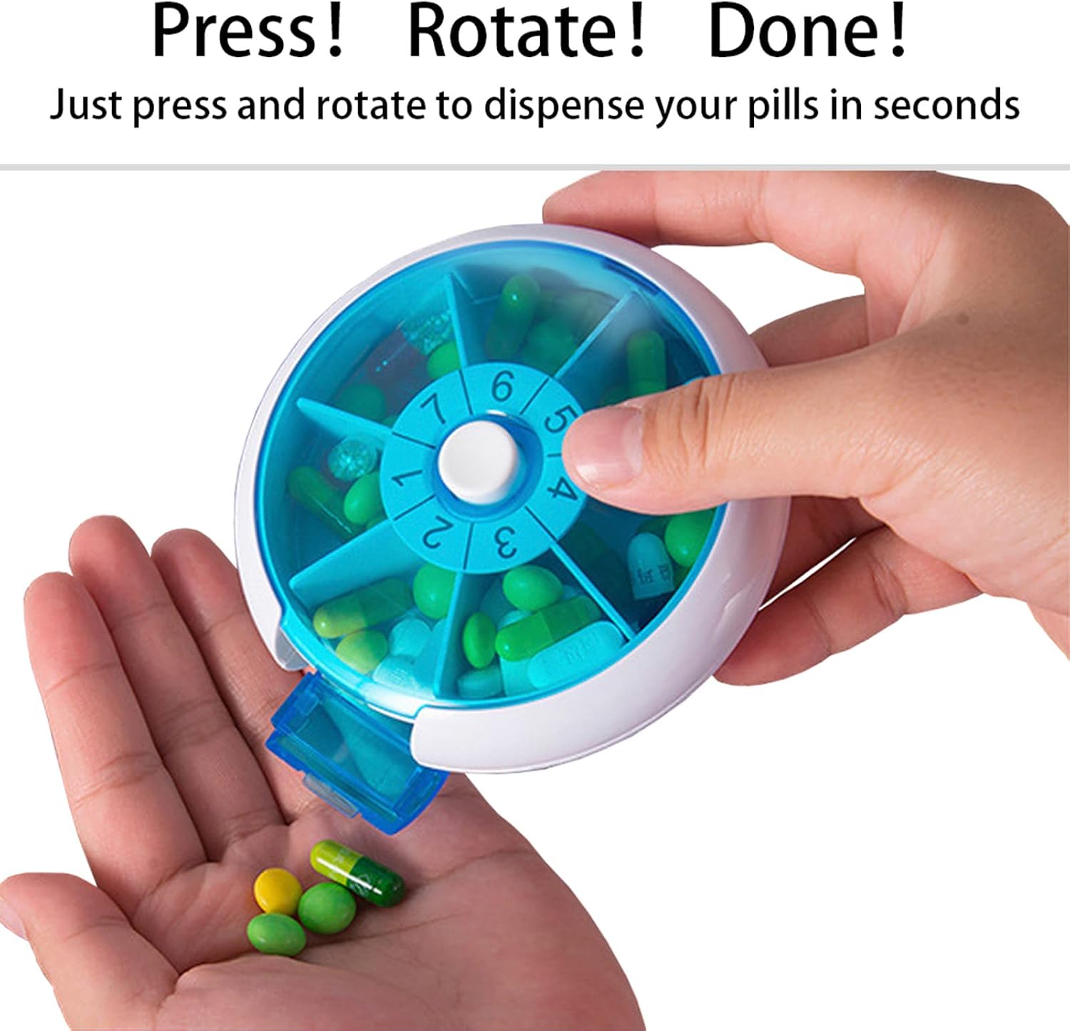 7 Day Rotary Pill Organizer One-Hand Open for Travel Vitamins & Meds | Compact Weekly Pill case for supplements & medication Daily slots with dates – no double doses Fits purse pocket or backpack - Image 5