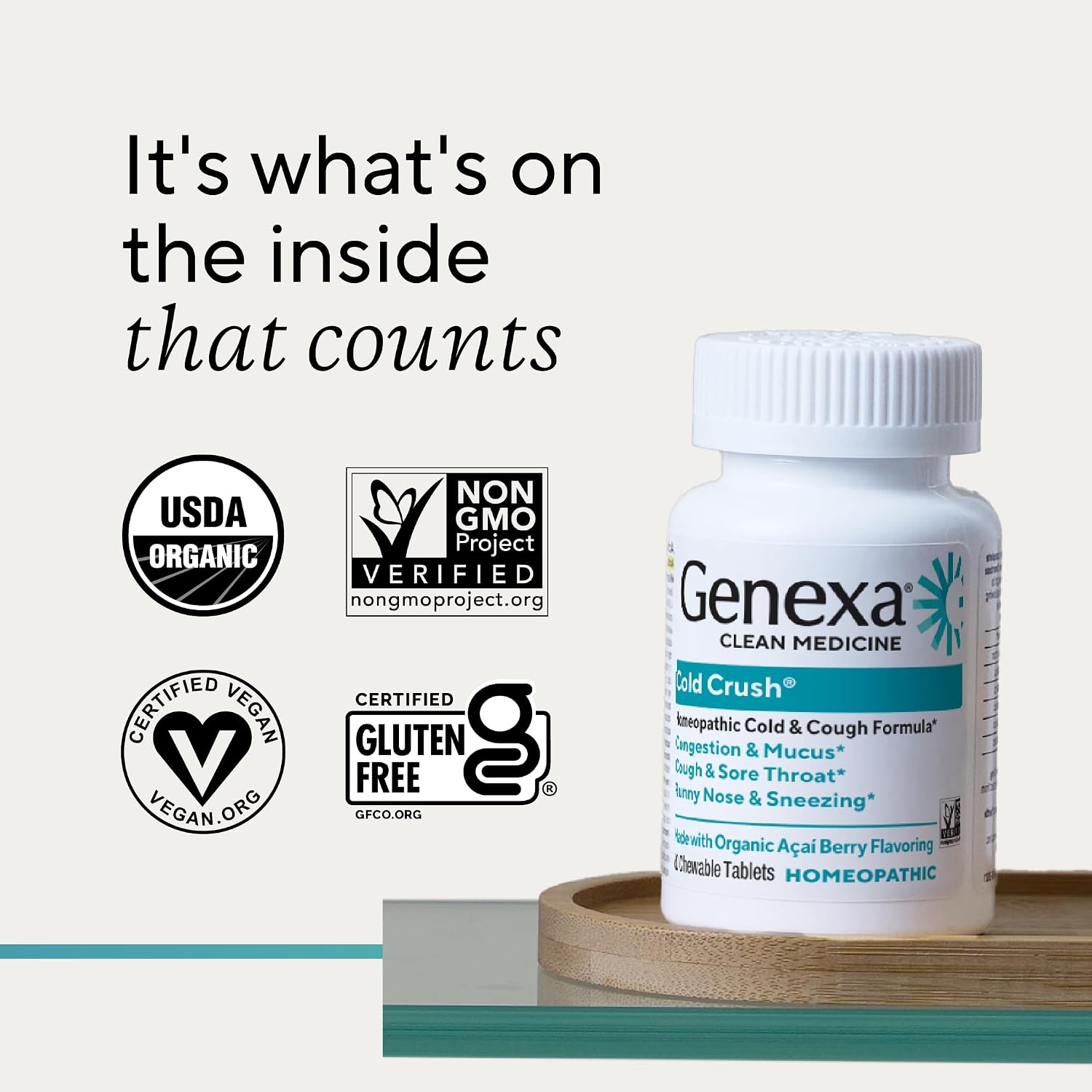 Genexa Cold Crush, Drug Free & Made Clean, 60 Chewable Tablets for Adults | Dye Free, 0% Artificial Additives, Non-GMO, Gluten Free, Homeopathic Cough, Cold, Sore Throat Relief, Acai Berry Flavor - Image 7