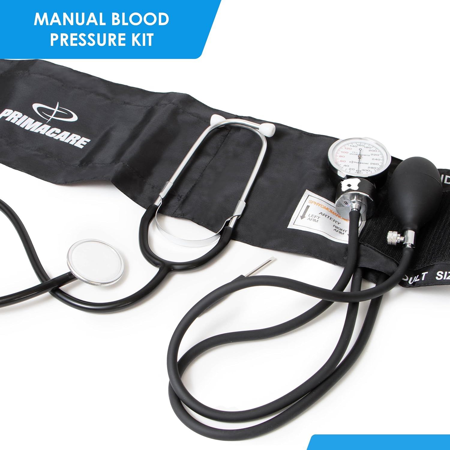 PrimaCare Medical DS-9197-BK Professional Classic Series Manual Adult Size Blood Pressure Kit, Emergency Bp kit with Stethoscope and Portable Leatherette Case, Nylon Cuff, Black - Image 2