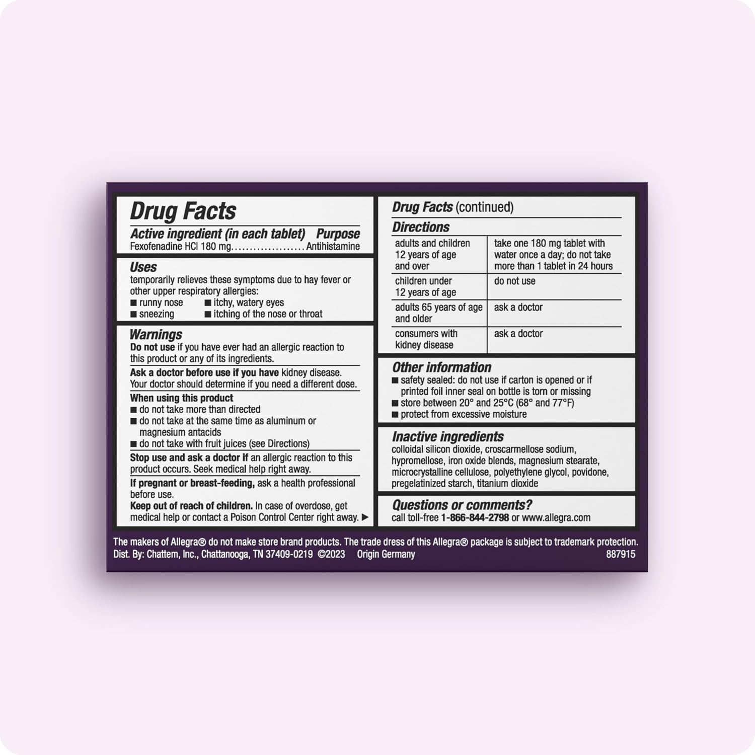 Allegra Adult 24-Hour Allergy Relief Tablets, Non-Drowsy Indoor and Outdoor Allergy Medicine, 180 mg Fexofenadine HCI Antihistamine Pill, 100-Count - Image 2