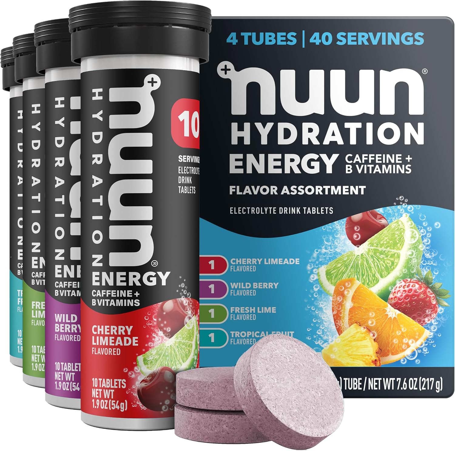 Nuun Energy Caffeine + B Vitamins, Electrolyte Hydration Tablets with Caffeine from Green Tea Extract, Magnesium & 4 Other Electrolytes, Gluten Free, Vegan, Mixed Flavors, 4 Pack (40 Servings Total) | 40 Servings with Caffeine from Green Tea Extract, Magnesium & 4 Other Electrolytes, Gluten Free, Vegan