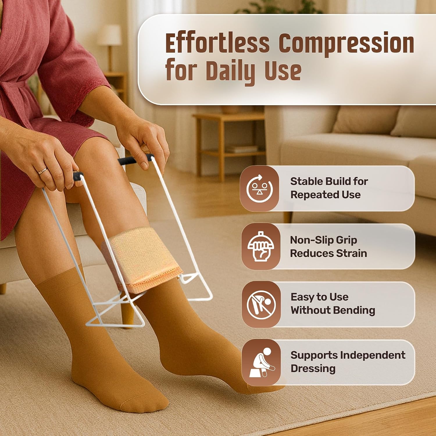 Compression Sock Aid Device for Compression Socks, Stocking Donner Helper | Strong Metal Design with Soft Foam Grips for Women and Men - Easy Use with Stockings and Compression Socks - Regular - Image 3