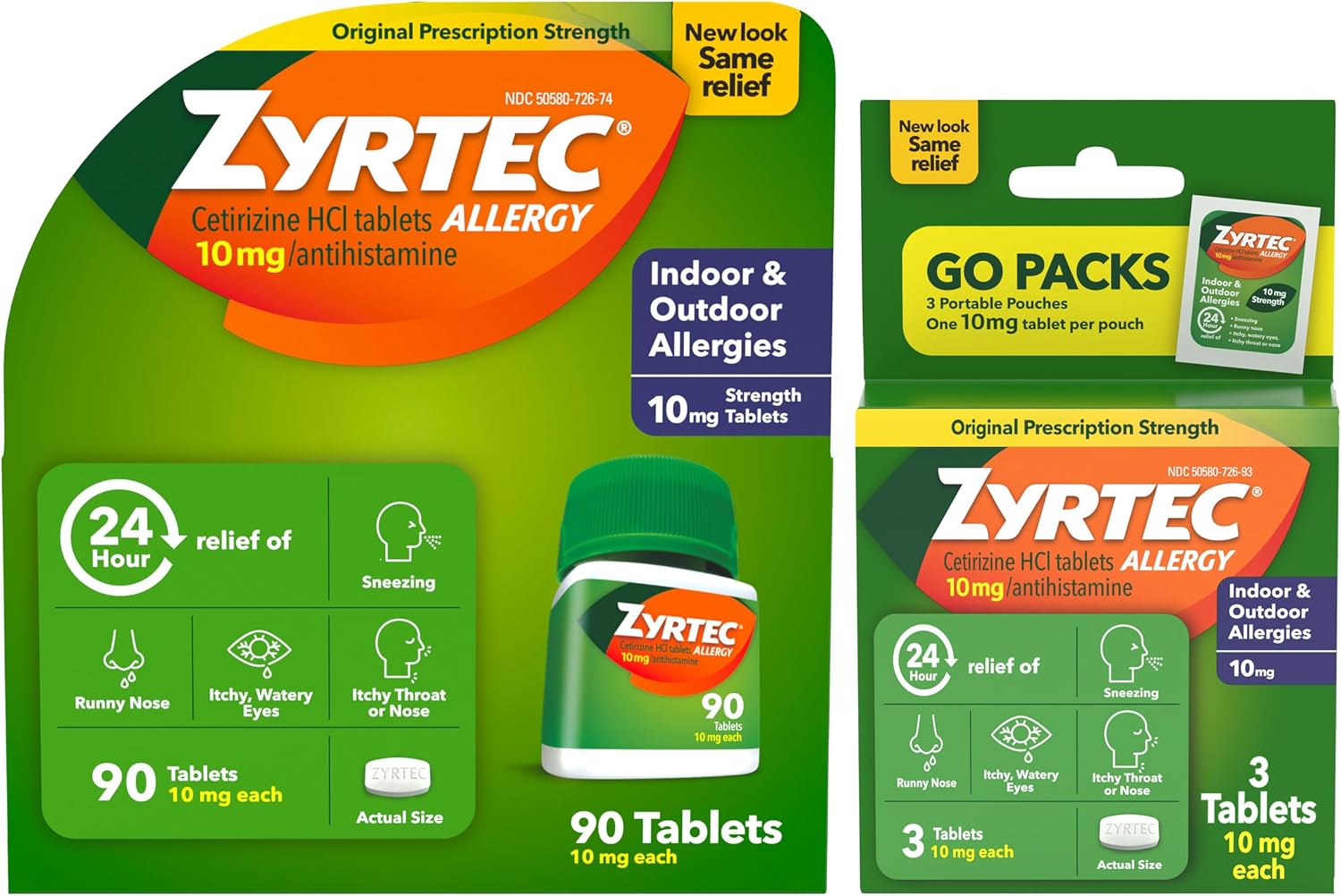 Zyrtec 24-Hour Allergy Relief Tablets, 90-Ct Size Plus 3x1-Ct Packs | 10 mg Cetirizine HCl, Allergy Medicine, For Symptoms like Runny Nose, Sneezing, Itchy & Watery Eyes & Itchy Nose or Throat
