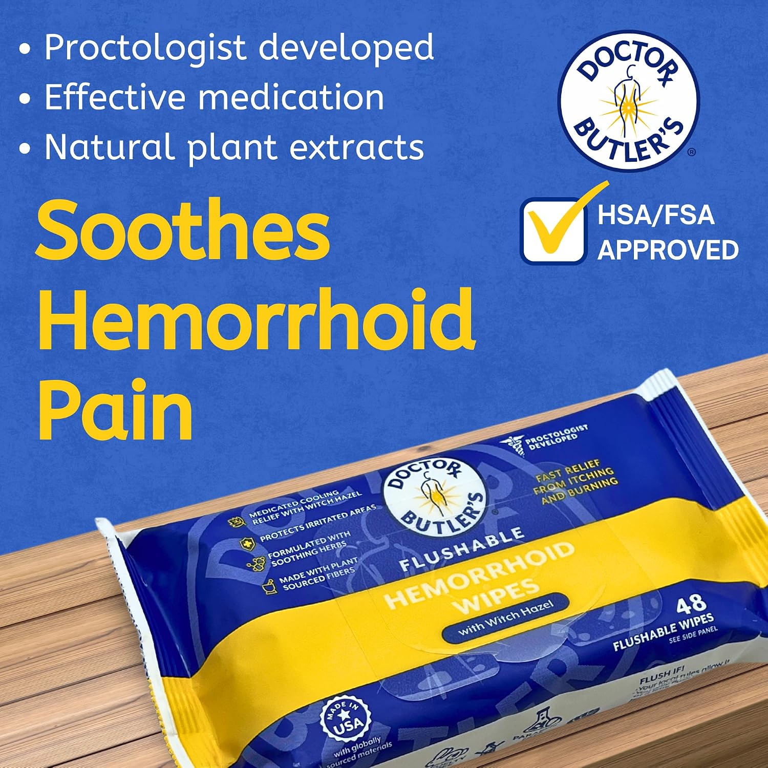 Doctor Butler's Flushable Hemorrhoid Wipes - Flushable Wipes or Moist Compress with Organic Witch Hazel to Soothe and Bring Relief From Discomfort Associated with Hemorrhoids (48 Count) - Image 2