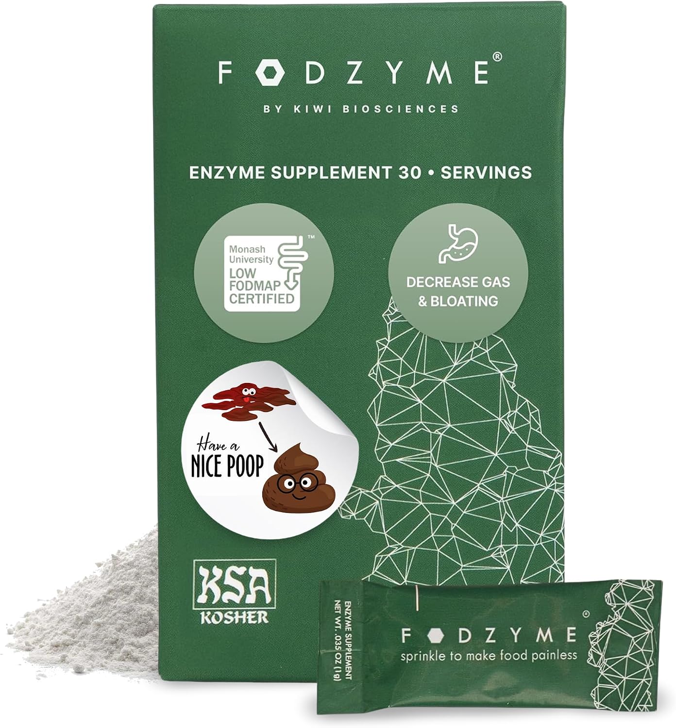 FODZYME® On-The-Go Digestive Enzymes for Gut Health, Relief for Bloating, Gas, Constipation, Diarrhea, Abdominal Pain, Low FODMAP, 30 Dose