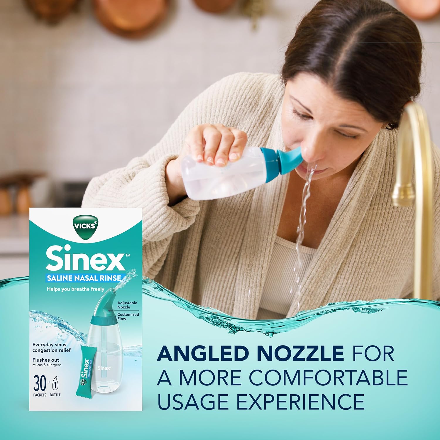 Vicks Sinex Saline Nasal Rinse Starter Kit, Drug Free Saline, Flush Out Mucus and Allergens, Fast & Effective Relief for Everyday Congestion from Sinus & Allergy, 1 Bottle + 30 Refill Packets - Image 4
