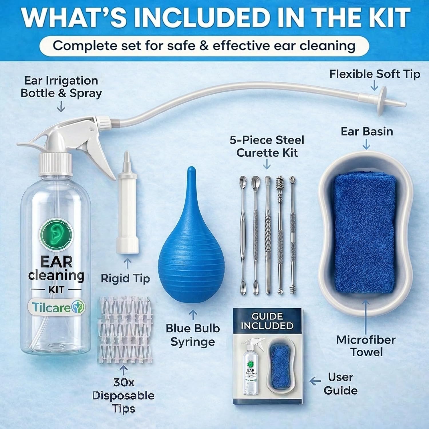 Ear Wax Removal Tool by Tilcare - Ear Irrigation Flushing System for Adults & Kids - Perfect Ear Cleaning Kit - Includes Basin, Syringe, Curette Kit, Towel and 30 Disposable Tips | Water Flush- Based Ear Cleaning Kit for Adults, Teens and Children | Includes Basin, Syringe, Curette Kit, Towel and 30 Tips - Image 8