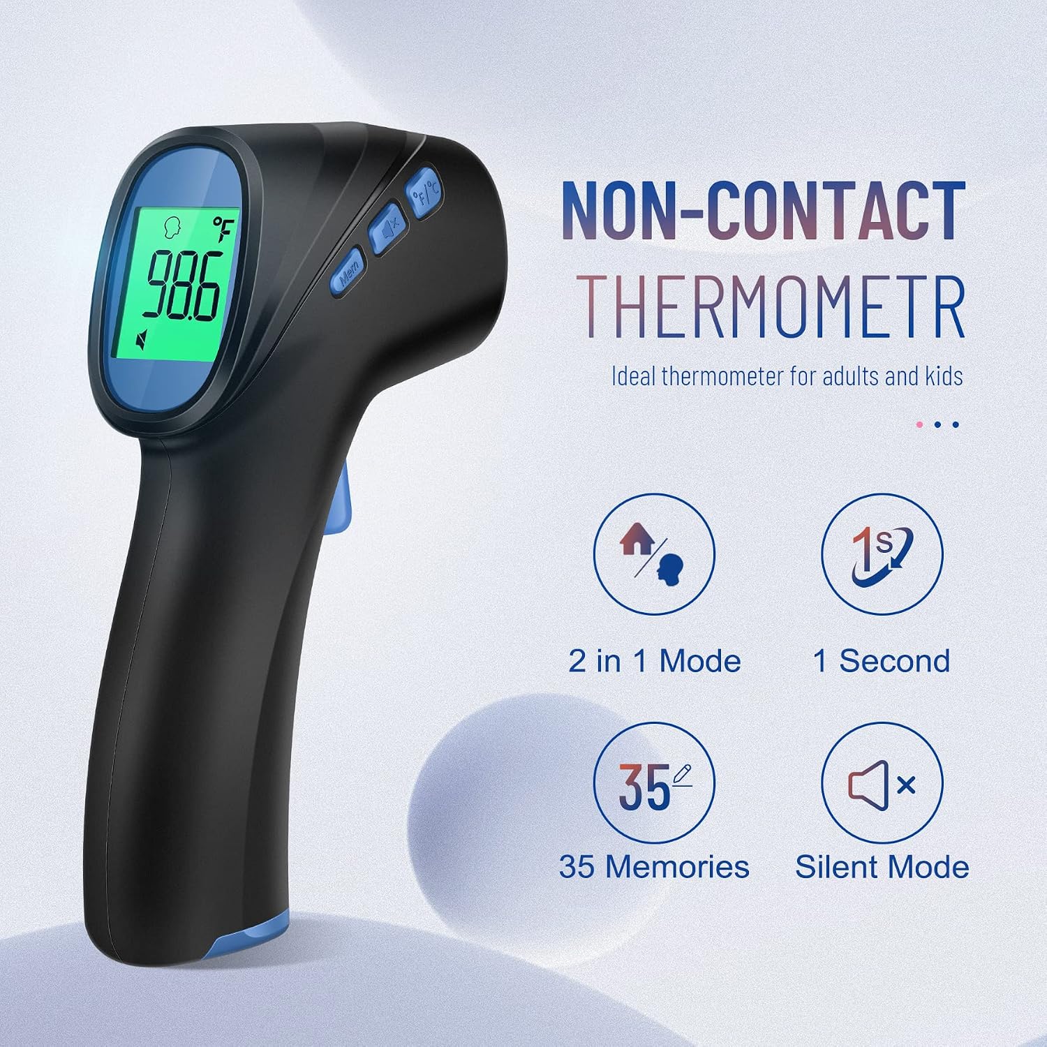 Forehead Thermometer for Adults and Kids, Non Contact, 1s Result (Black) | 3-Color Fever Alarm, 35 Memory Recalls, 2-in-1 Mode, Silent Mode, Large & Clear Backlit Display, FSA Eligible, Easy to use - Image 2