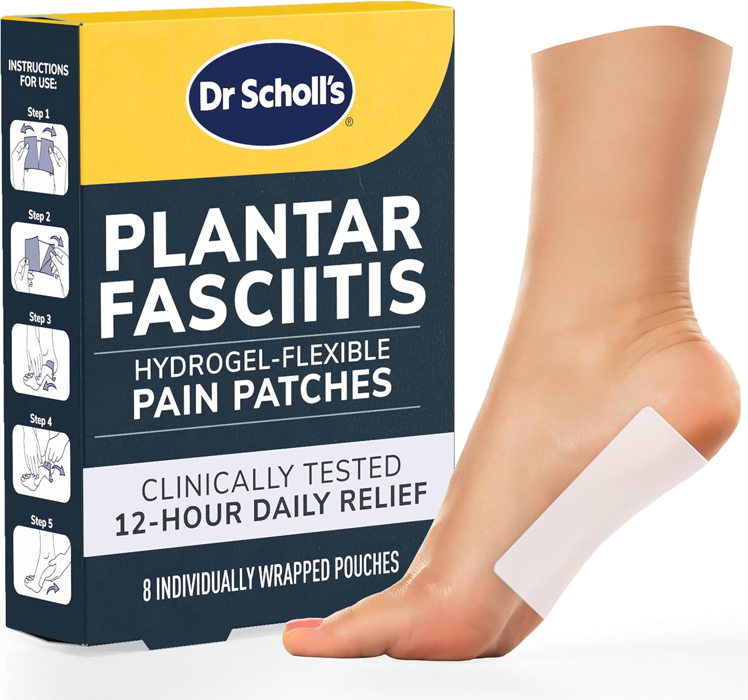 Dr. Scholl's Plantar Fasciitis Pain Patches with Hydrogel Flexible Technology, 8 Ct // Clinically Tested 12-Hour Daily Pain Relief - Contours to Your Foot - with Lidocaine & Menthol, 8 Treatments