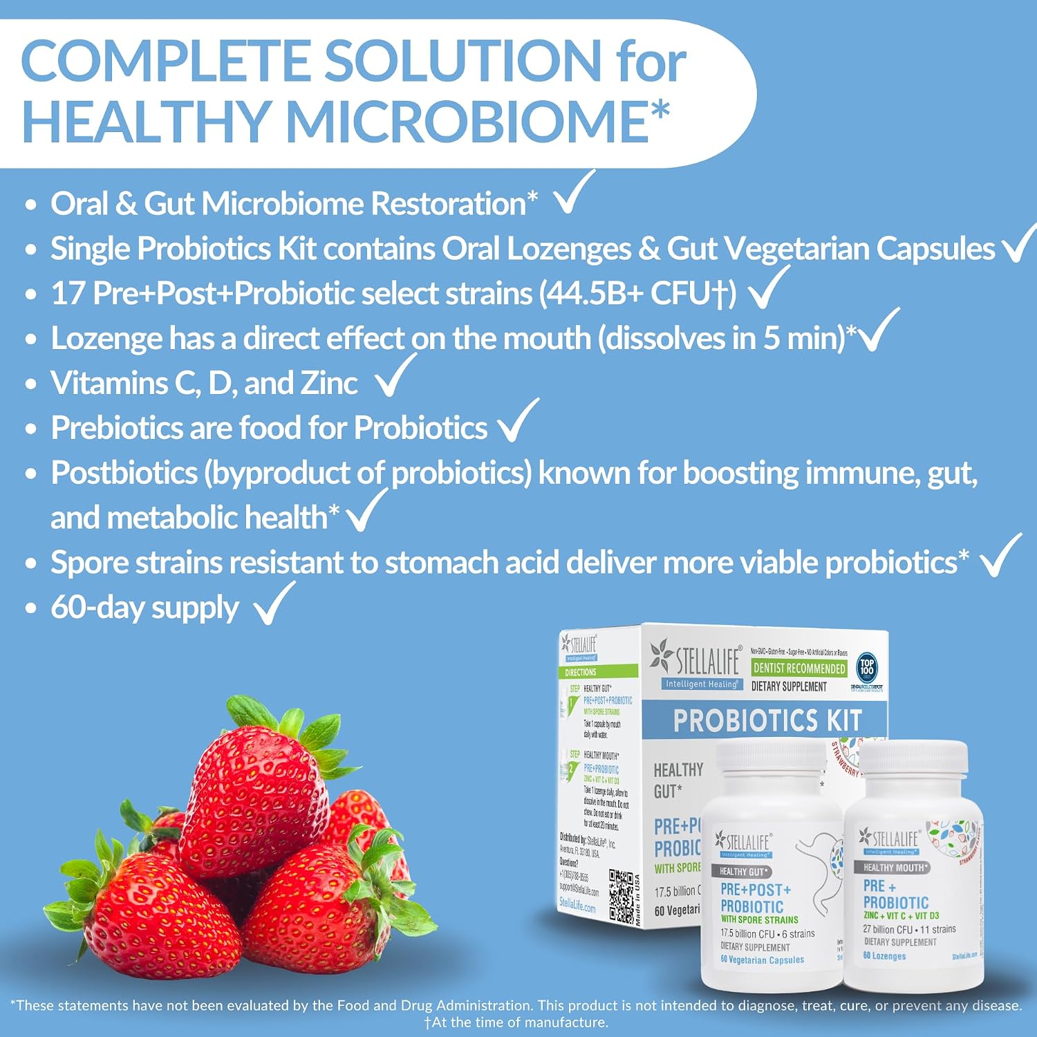 StellaLife Probiotics Oral & Gut Prebiotics Post Probiotics Kit: 44B+ CFU, 11 Oral & 6 Gut Spore strains for Digestive & Dental Health, Bad Breath Treatment, Tongue Hygiene, Strawberry Flavor, 60-Day - Image 2