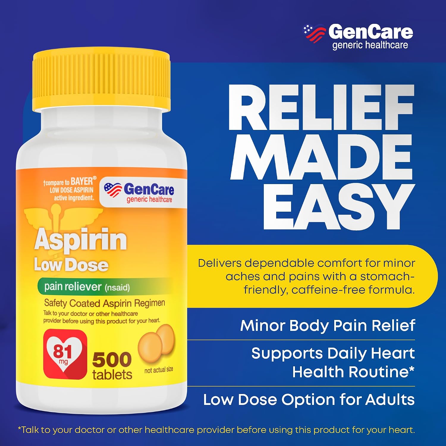 GenCare Low Dose Aspirin 81mg Enteric Coated Tablets, 500 Count | Compares to Bayer; daily low-dose aspirin for heart health, pain & fever relief, baby aspirin - Image 2