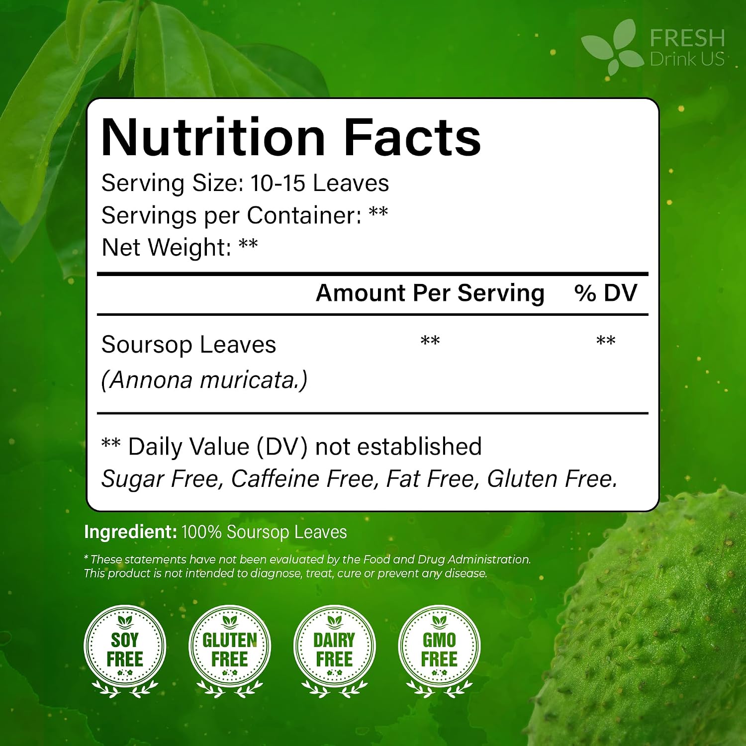 FreshDrinkUS, 240+ Premium Soursop Graviola Dried Leaves Tea, 230-250 Whole Soursop Leaves, Wildcrafted, Graviola , Guanabana , Hoja Guanabana, Loose Leaf Herbal , No Gluten, Vegan - Image 2