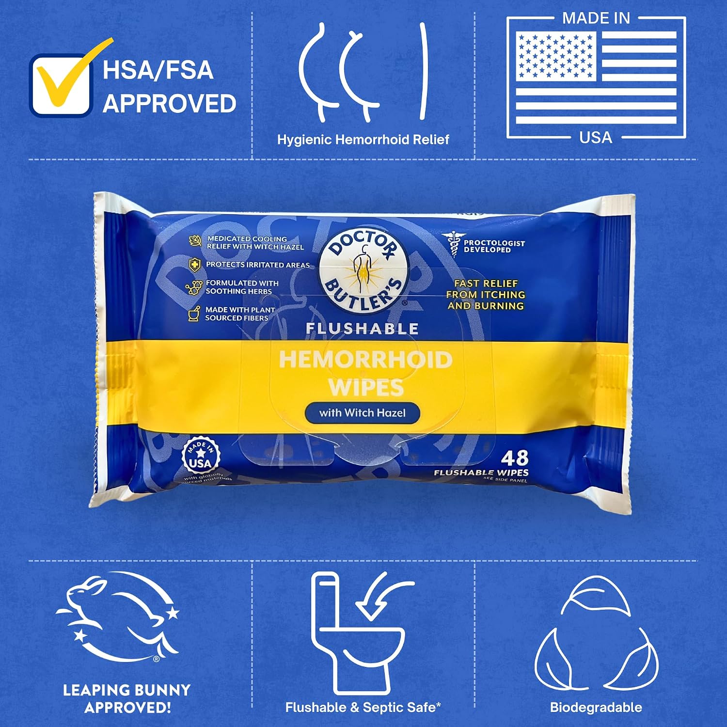 Doctor Butler's Flushable Hemorrhoid Wipes - Flushable Wipes or Moist Compress with Organic Witch Hazel to Soothe and Bring Relief From Discomfort Associated with Hemorrhoids (48 Count) - Image 8