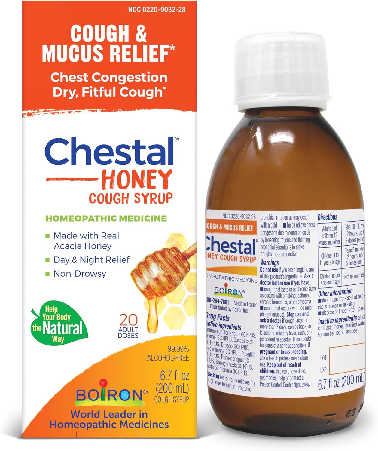 Boiron Chestal Honey Adult Cold and Cough Syrup for Nasal and Chest Congestion, Runny Nose, and Sore Throat Relief - 6.7 Fl oz