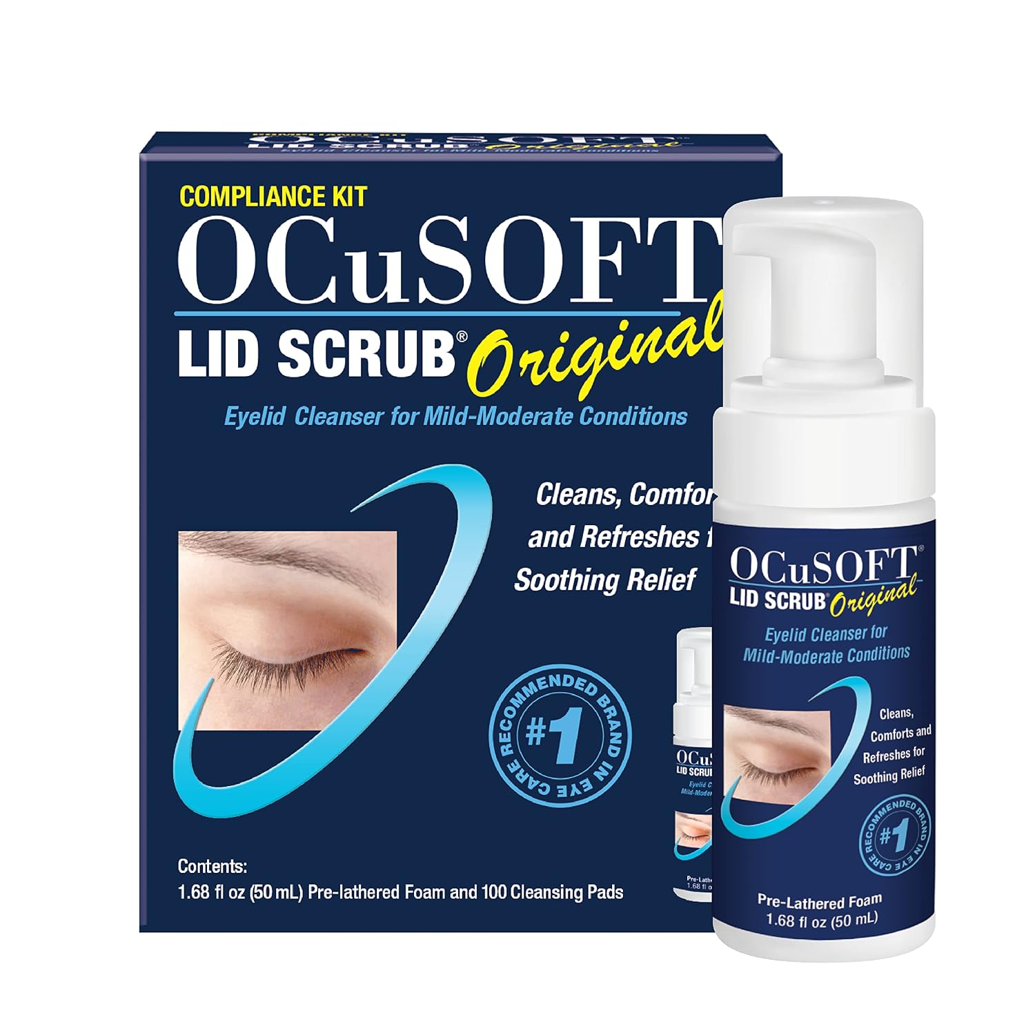 OCuSOFT Lid Scrub Original Compliance Kit - Instant Foaming Eyelid Scrub & Lint-Free Wipes - Daily Eyelid Kit to Remove Oil, Dust, Pollen & Eye Makeup - 1.68 fl oz & 100 Dry Pads | Gentle Formula Daily Eyelid Kit to Remove Oil, Dust, Pollen, Eye Makeup; Refreshing Instant Foam Cleanser for Soothing Relief