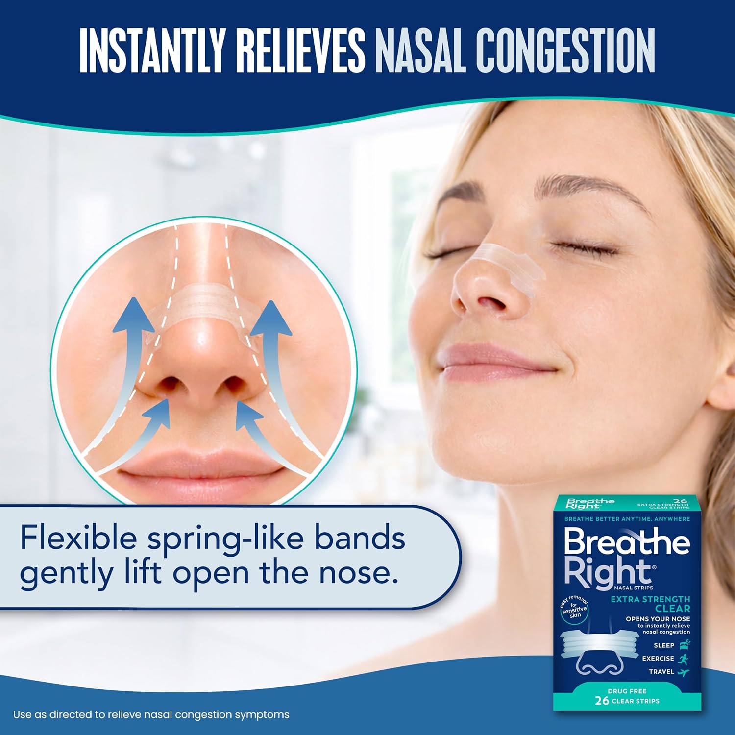 Breathe Right Nasal Strips, Extra Strength, Nasal Congestion, Clear, 26ct | Opens nose and increases nasal airflow, helps relieve nasal congestion for better breathing, drug-free, use anytime, anywhere - Image 2
