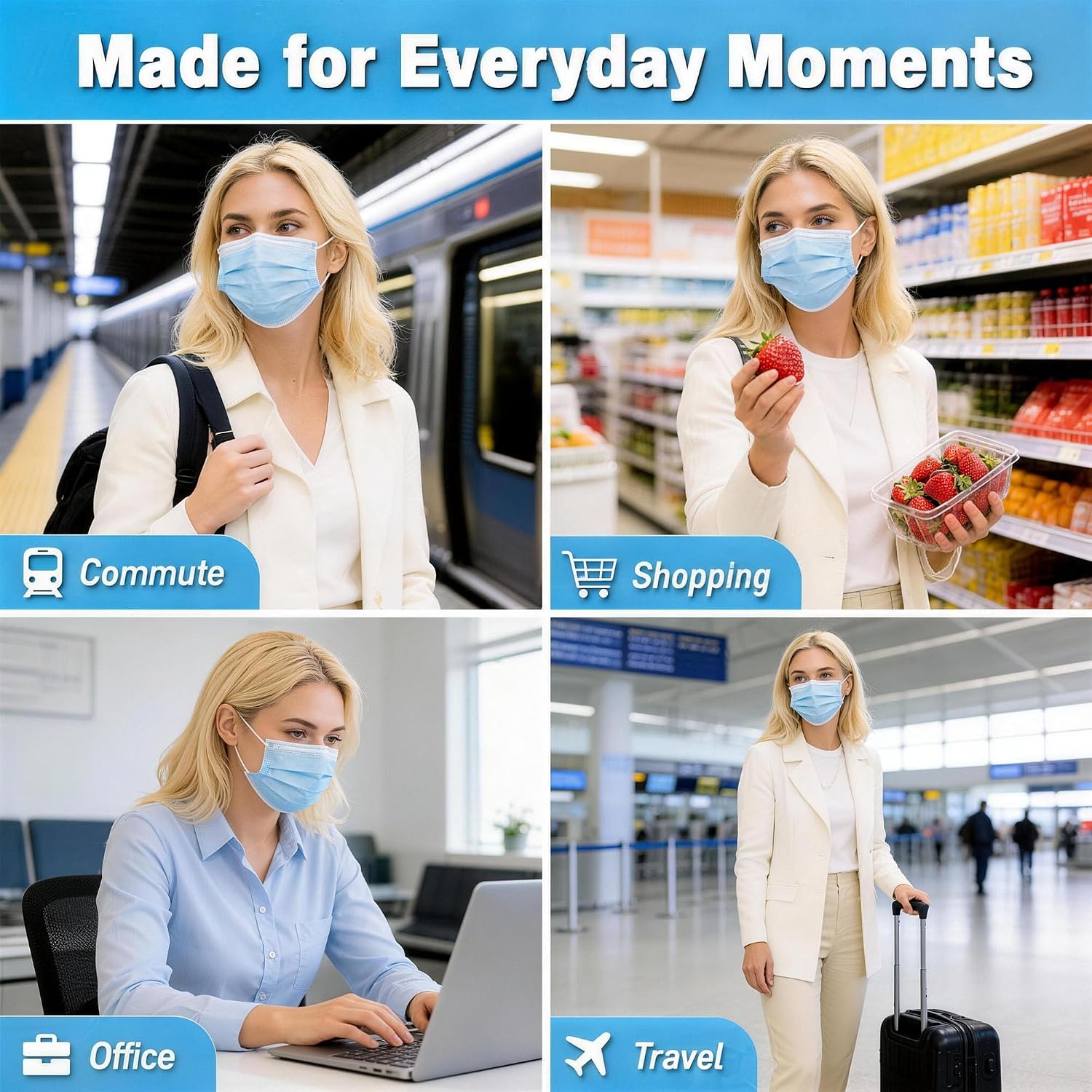Disposable Face Masks 100 Pack, 3 Ply Breathable Filter Mask with Adjustable Nose Clip & Soft Elastic Ear Loops - Image 5