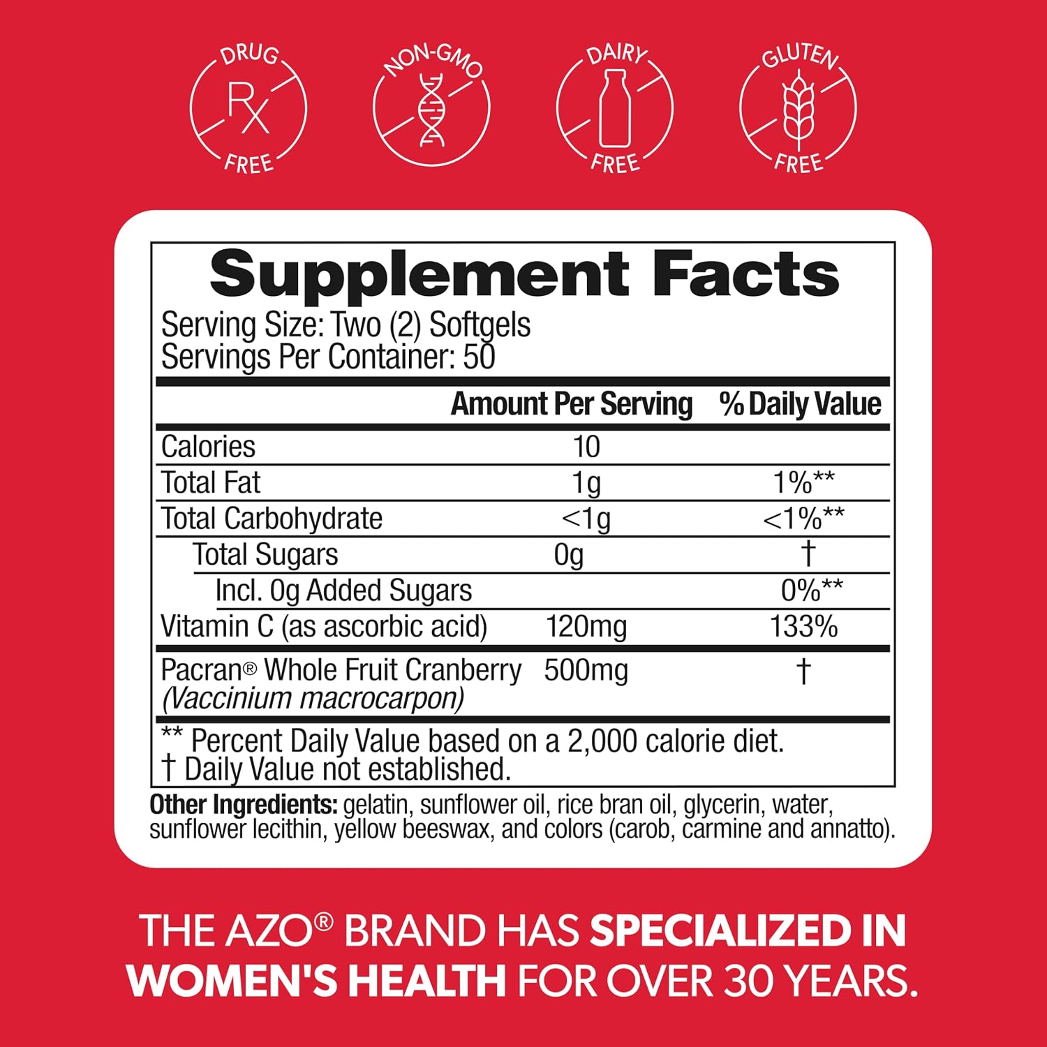 AZO Cranberry Supplement, Made with Concentrated Whole Fruit Cranberry Powder to Help Cleanse and Protect the Urinary Tract*, Sugar Free Cranberry Pills, Non-GMO, 100 Softgels - Image 8