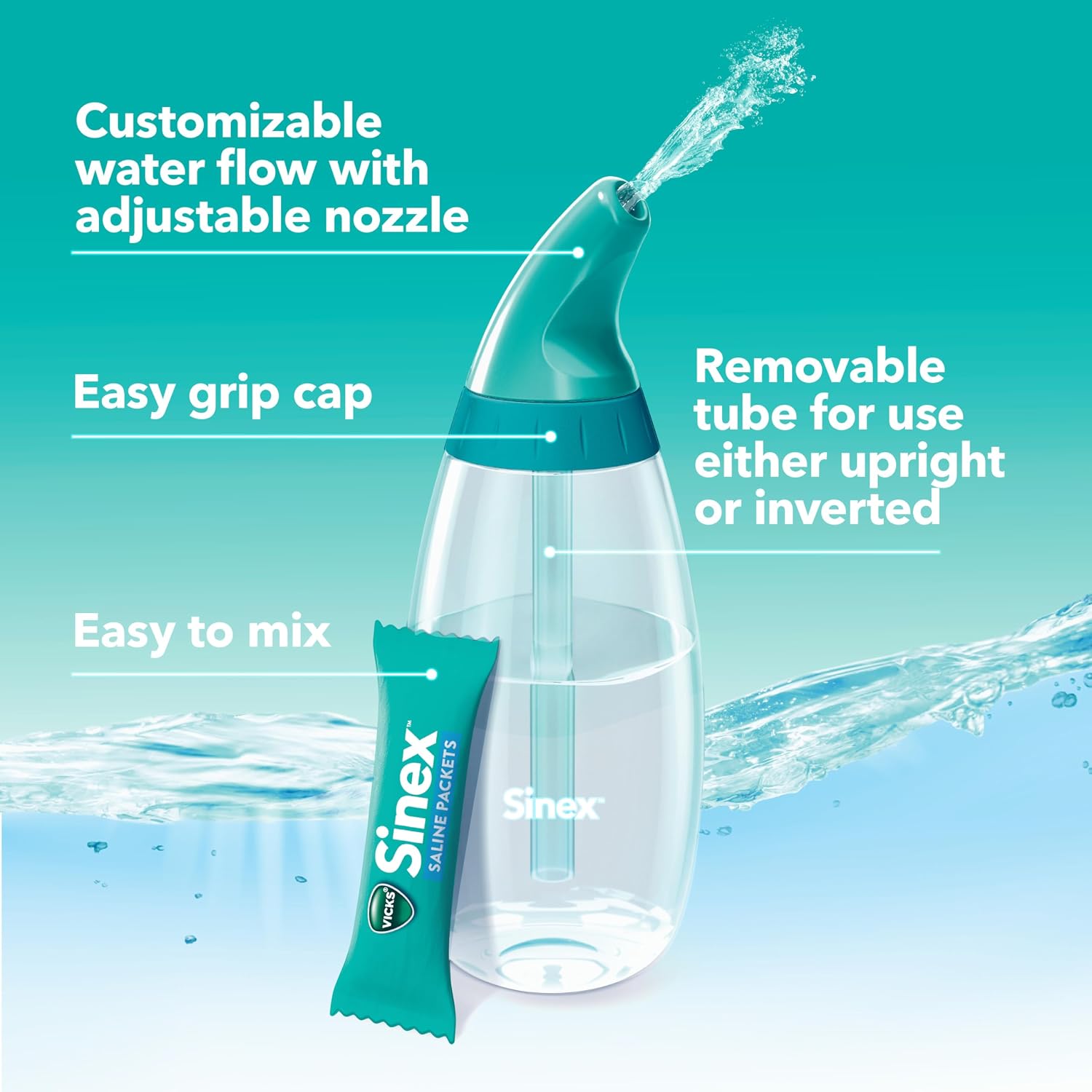 Vicks Sinex Saline Nasal Rinse Starter Kit, Drug Free Saline, Flush Out Mucus and Allergens, Fast & Effective Relief for Everyday Congestion from Sinus & Allergy, 1 Bottle + 30 Refill Packets - Image 3