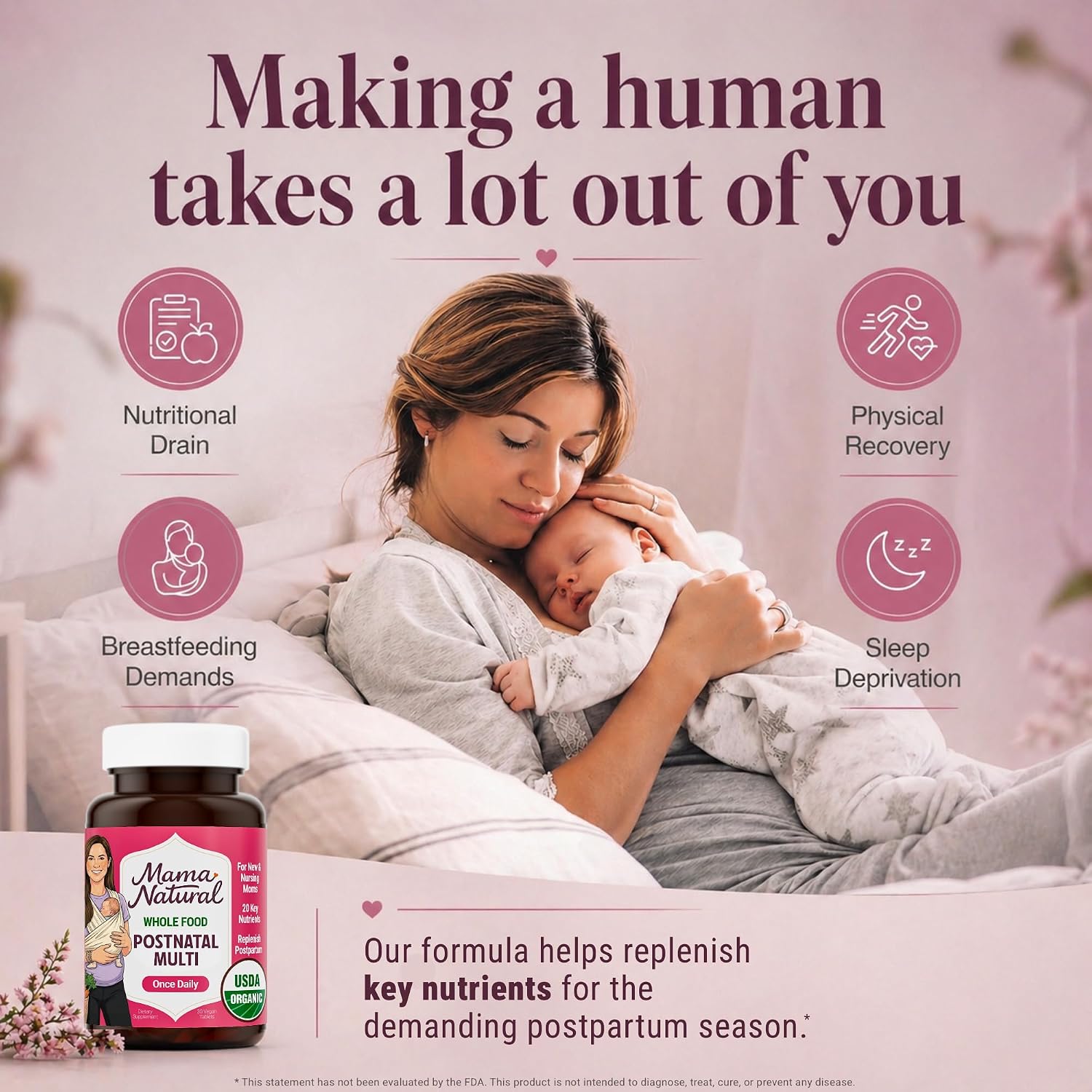 Mama Natural Organic Postnatal Vitamins for Women | One A Day Whole Food Postnatal Multivitamin for Breastfeeding & Postpartum Support | Non-GMO with Iron, Iodine & Moringa | 30 Servings - Image 3