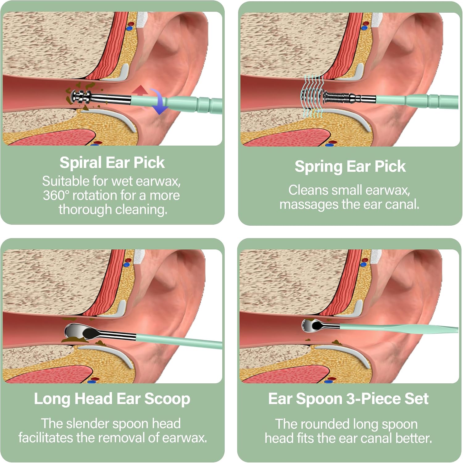 15 Pack Ear Wax Removal Tool Kit with Light - LED Ear Cleaning Kit, Ear Wax Removal for Kids and Adults, Ear Cleaning Tool, Ear Picker Spoon & Ear Tweezers & Spiral Spring Ear Spoon Green - Image 5