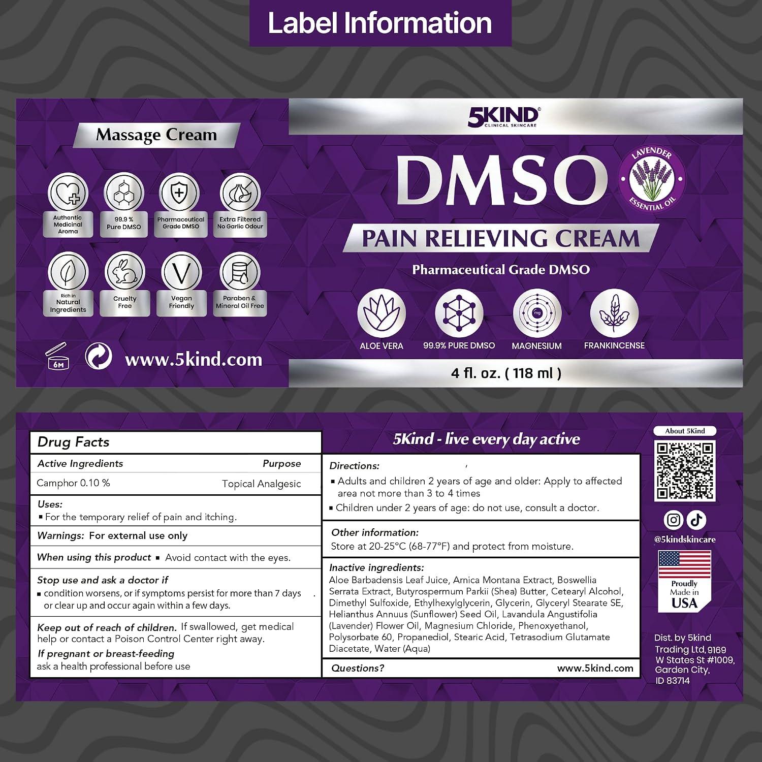5Kind DMSO Cream for Pain Relief with Frankincense & Lavender 4 fl oz - 99.9% Pure DMSO Pharmaceutical Grade Cream - Aloe Vera, Magnesium & Arnica - Topical Muscle and Joint Pain Relief - Made in USA - Image 10
