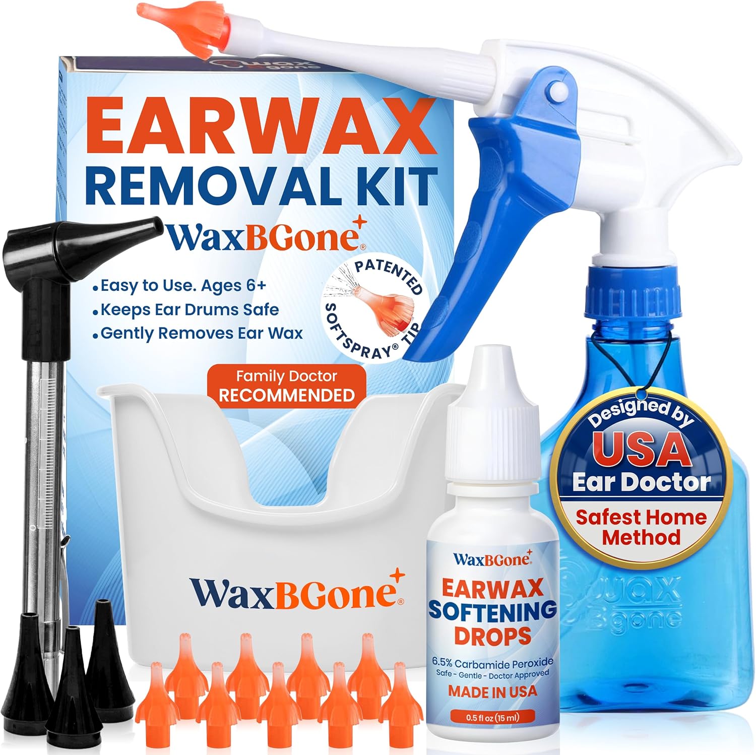 Ear Wax Removal Kit with SoftSpray Irrigation Tips, 4X High Output Sprayer & Ear Basin - Safe, Fast, Gentle Ear Cleaning Kit for Adults & Kids at Home - Premium Kit with Otoscope + Ear Drops | Complete premium system combines 4X cleaning power, patented SoftSpray® tips, otoscope and drops for fast, gentle home use