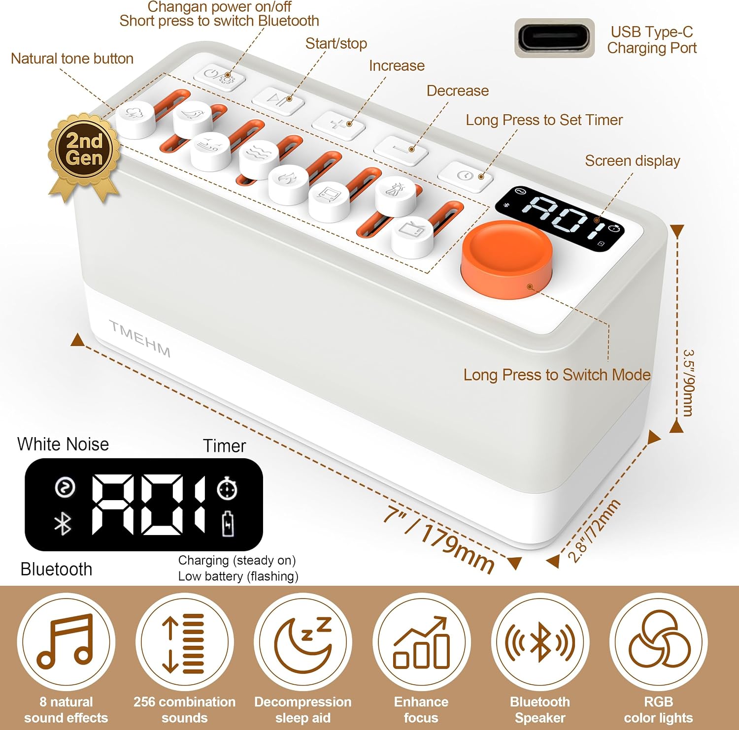 TMEHM 3-in-1 Sleep Sound Machine with 8 Mixable Nature Sounds, Portable Bluetooth Speaker & 12-Color Night Light, White Noise, Sleep Timer & Breathing Exercises for Babies, Kids, and Adults - Image 7