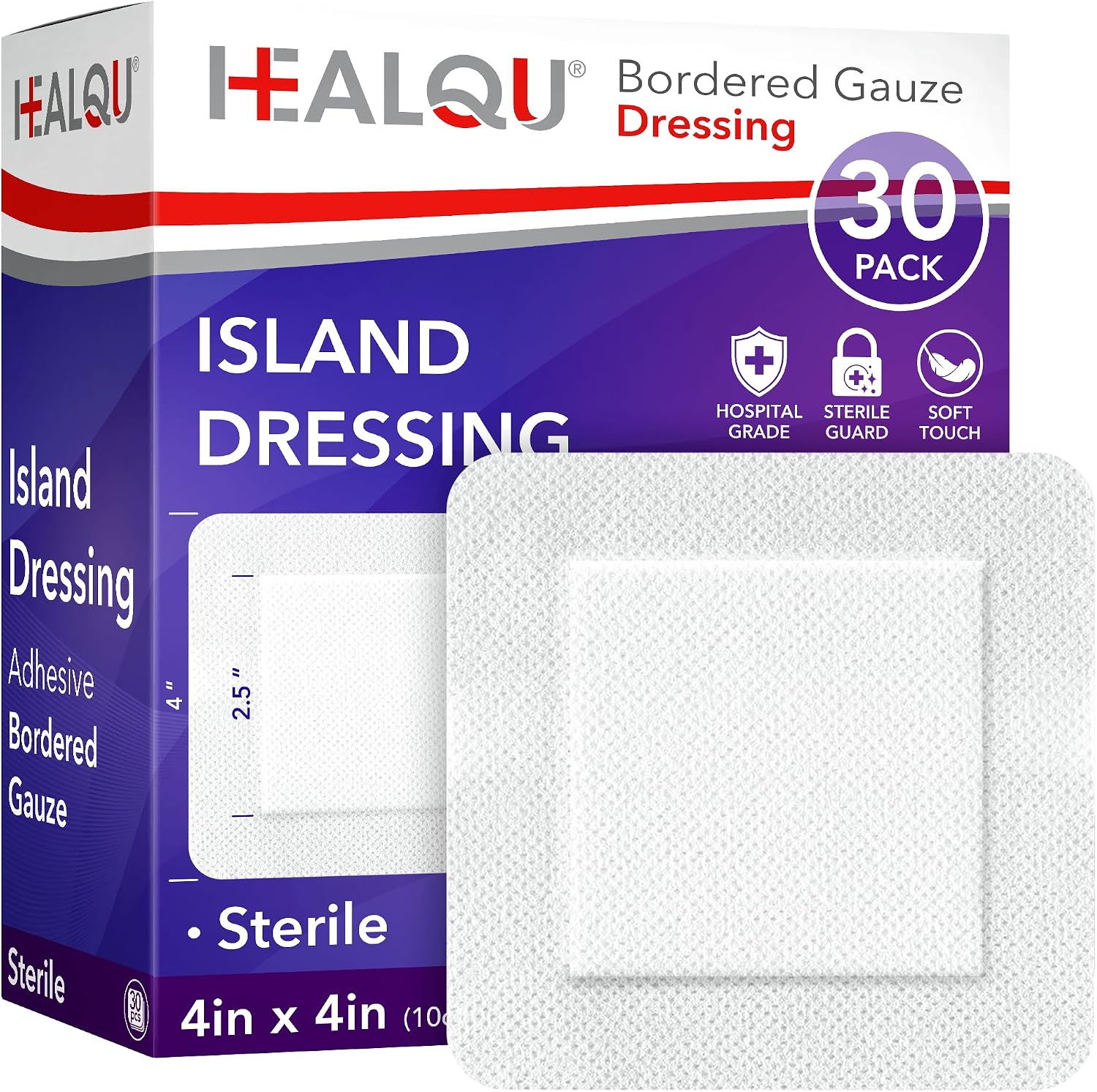 HEALQU Island Dressing - 4"x4", 30 Count - Bordered Gauze Sterile Individually Wrapped Gauze Pads, Water-Resistant, Non-Woven Backing - Soft and Breathable Wound Dressing for First Aid and Medical | Water-Resistant, Latex-Free, High Absorbent, Adhesive Border, Non-Stick Center, Breathable Pad