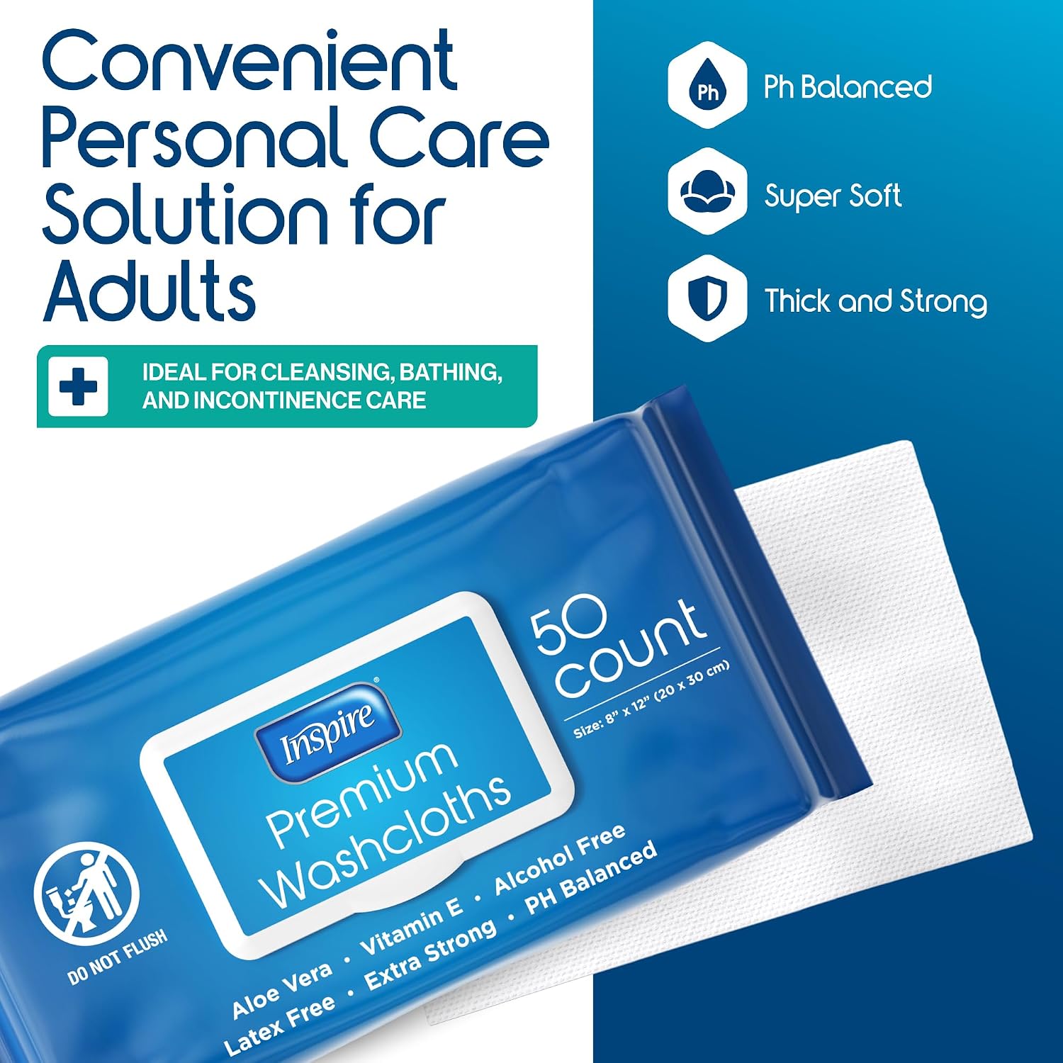 Inspire Adult Wet Wipes, Wash Cloths | Adult Wipes for Incontinence & Cleansing for Elderly, 8"x12" (200 count) - Image 2