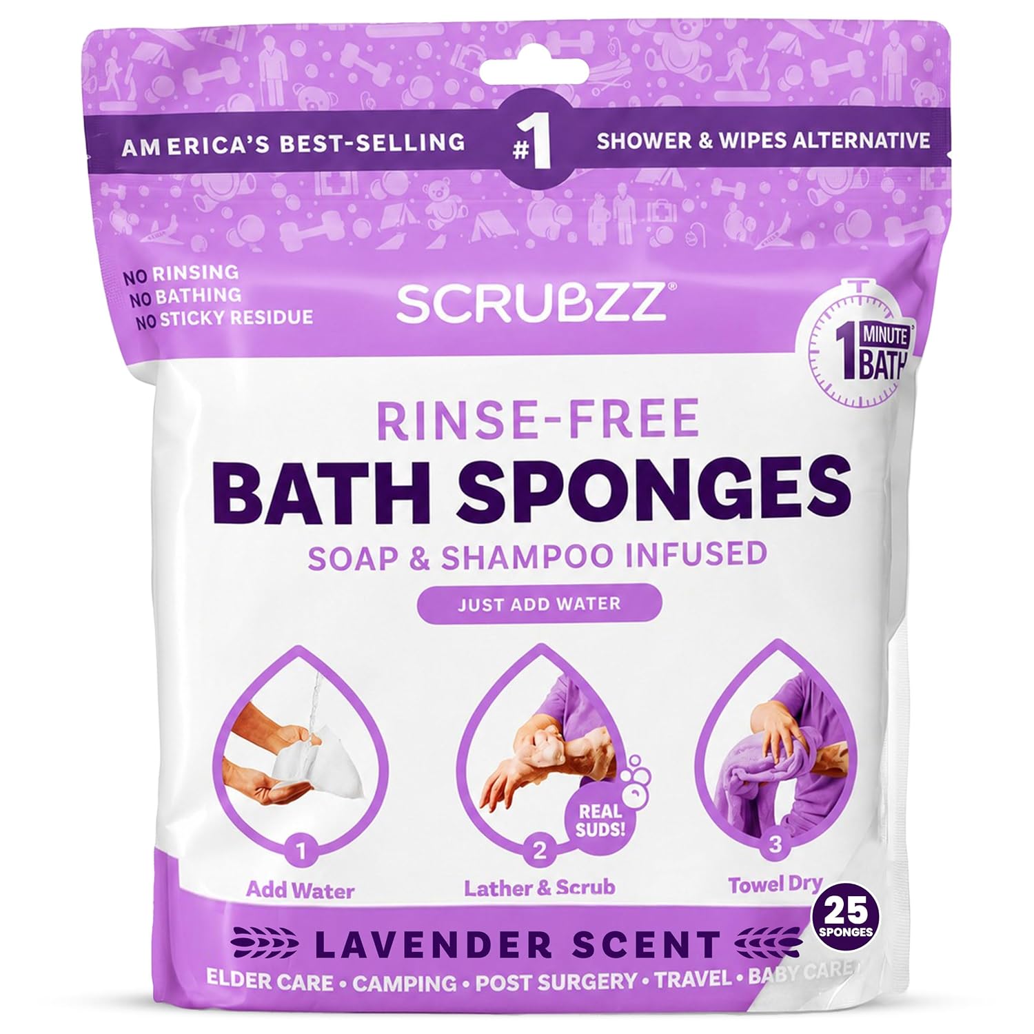 Scrubzz Disposable No Rinse Bathing Wipes - 25 Pack - All-in-1 Single Use Shower Wipes, Simply Dampen, Lather, and Dry Without Shampoo or Rinsing (Lavender, 1-Pack)