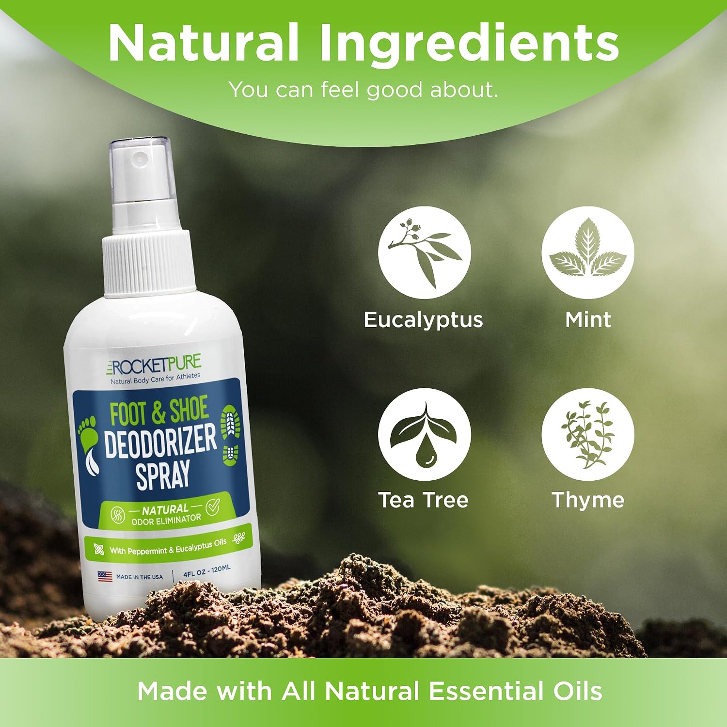 Rocket Pure Natural Foot and Shoe Deodorizer Spray, Mint, 4 fl oz, 1-Pack | Deodorant and odor eliminator for smelly feet, smell remover, formulated with essential oils, paraben-free, made in the USA - Image 3