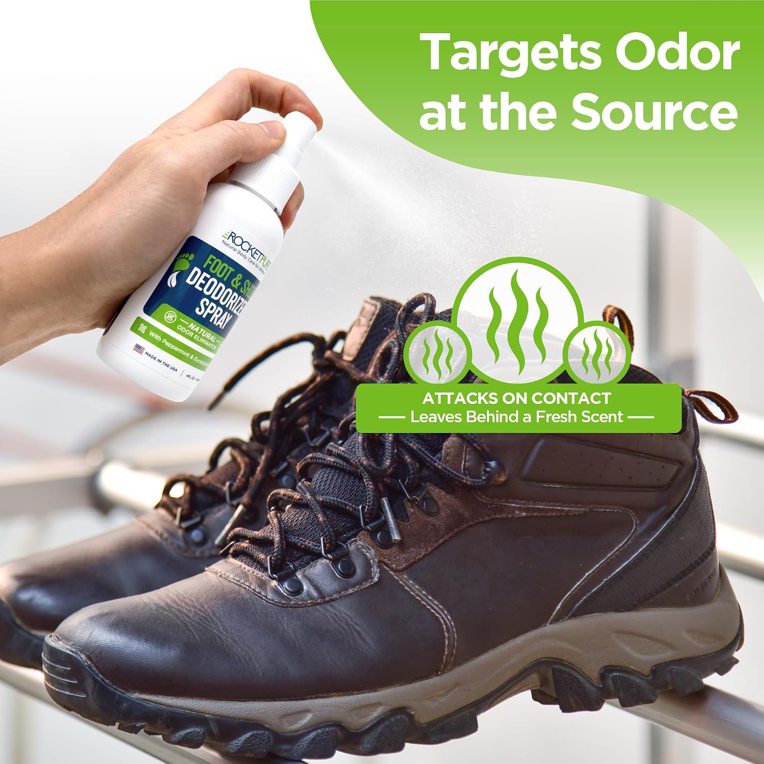 Rocket Pure Natural Foot and Shoe Deodorizer Spray, Mint, 4 fl oz, 1-Pack | Deodorant and odor eliminator for smelly feet, smell remover, formulated with essential oils, paraben-free, made in the USA - Image 4