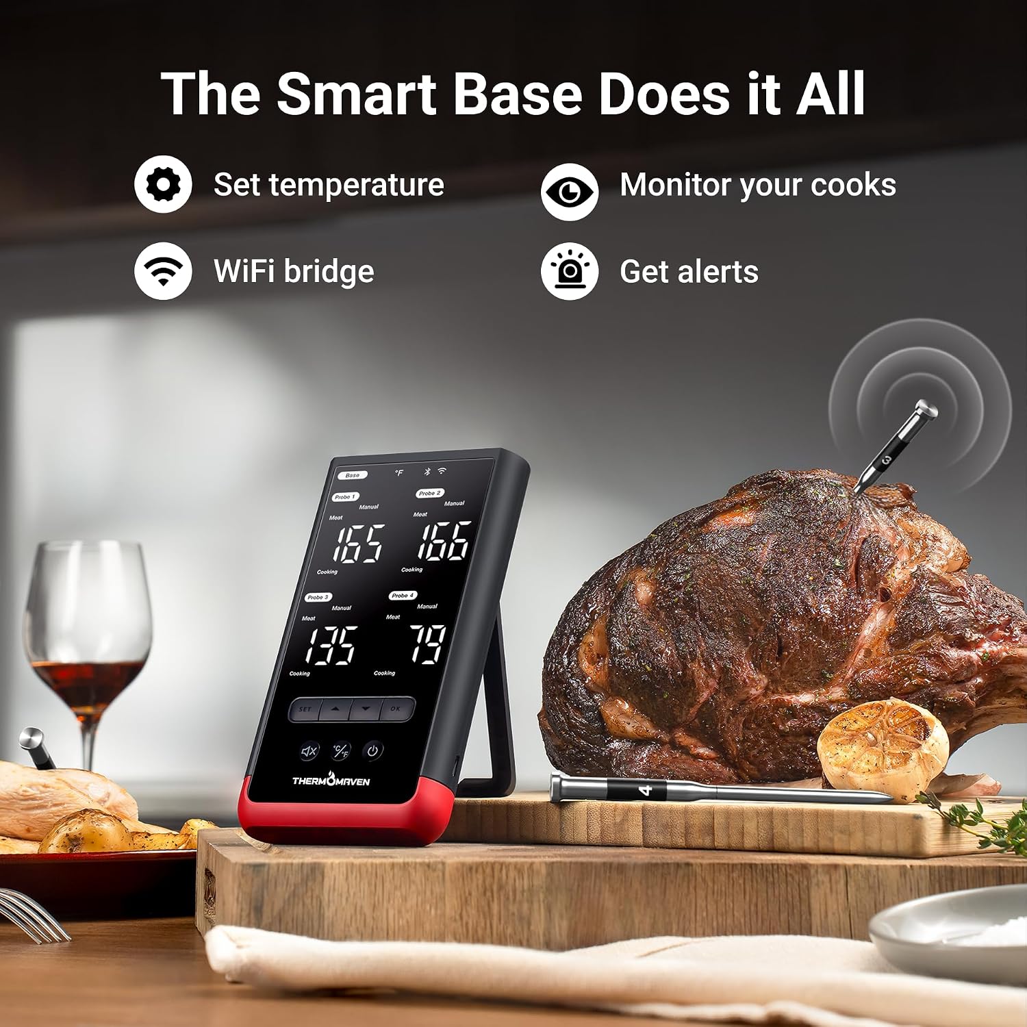 ThermoMaven WiFi Wireless Meat Thermometer, 4 Probes, Smart Base, 6 Sensors | Unlimted Monitor Range via APP, Commercial-Grade NIST Certified Accuracy, for Restaurant Kitchen, BBQ/Grill/Oven - Image 2