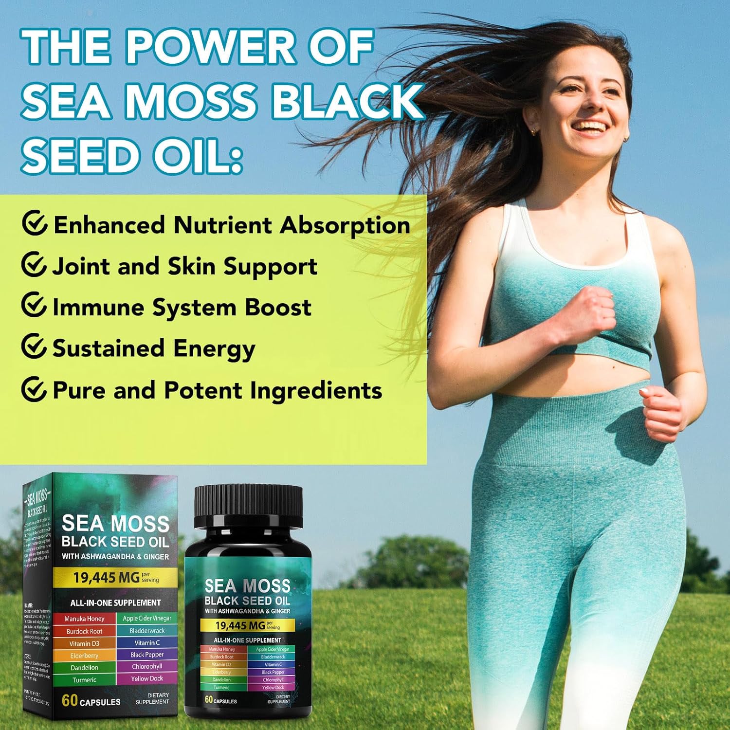 Sea Moss Black Seed Oil Ashwagandha Ginger, Sea Moss Capsule Supplement with Turmeric Burdock Root Bladderwrack Vitamin C Vitamin D3 Enhanced Immunity & Energy Black Seed Oil Capsule 60 Count - Image 4