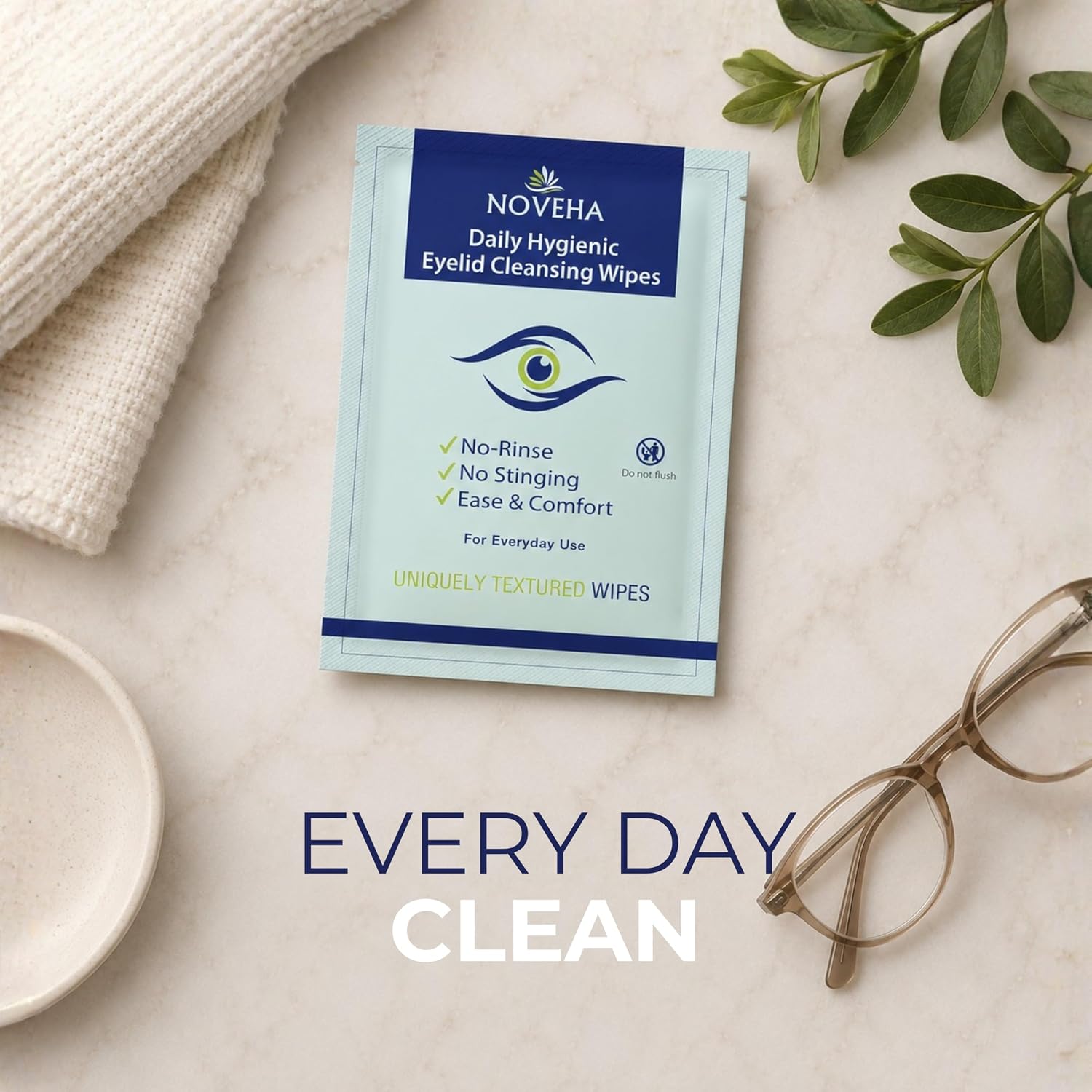 NOVEHA 60PCs Daily Hygienic Eyelid & Lash Wipes | For Blepharitis & Itchy Eyes, Demodex | Individually Wrapped Refreshening Eyelid Wipes, Natural Makeup Remover & Calming Moisturizer - Image 6