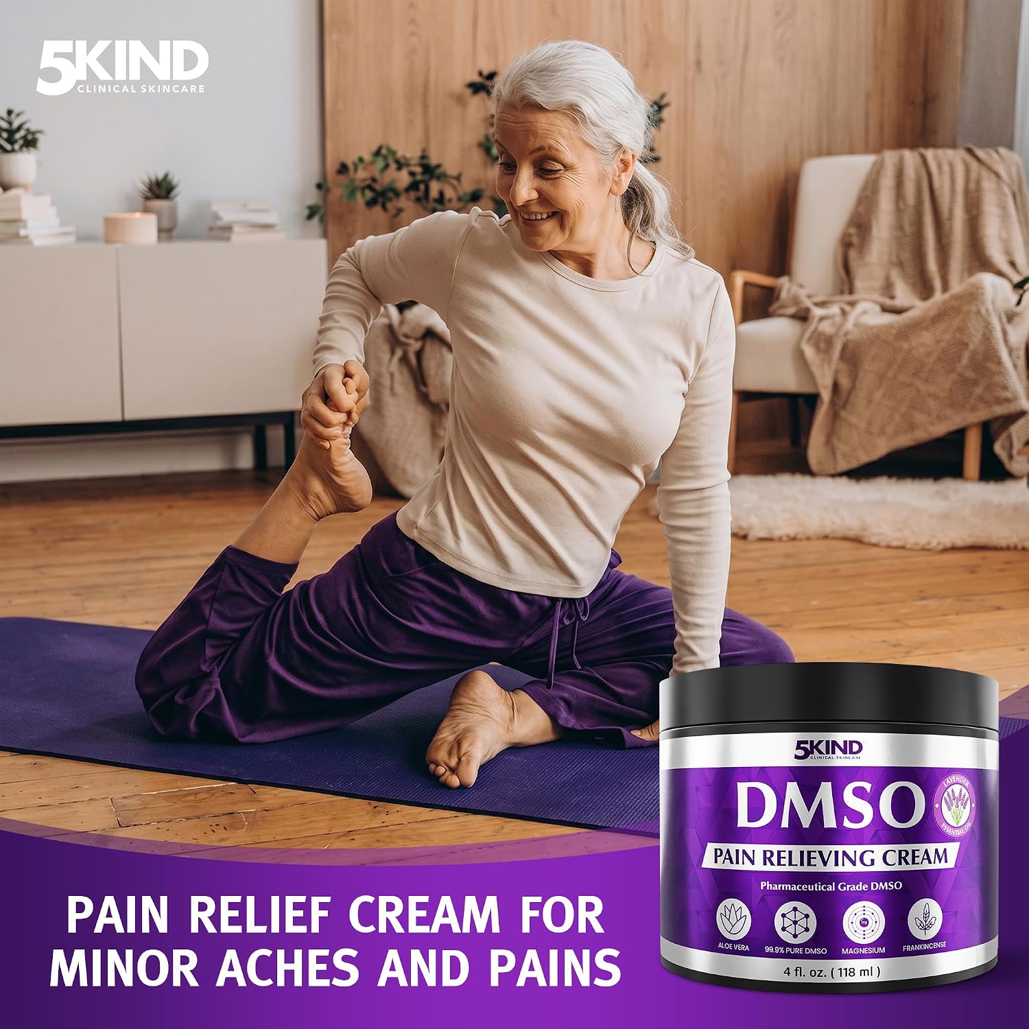 5Kind DMSO Cream for Pain Relief with Frankincense & Lavender 4 fl oz - 99.9% Pure DMSO Pharmaceutical Grade Cream - Aloe Vera, Magnesium & Arnica - Topical Muscle and Joint Pain Relief - Made in USA - Image 3