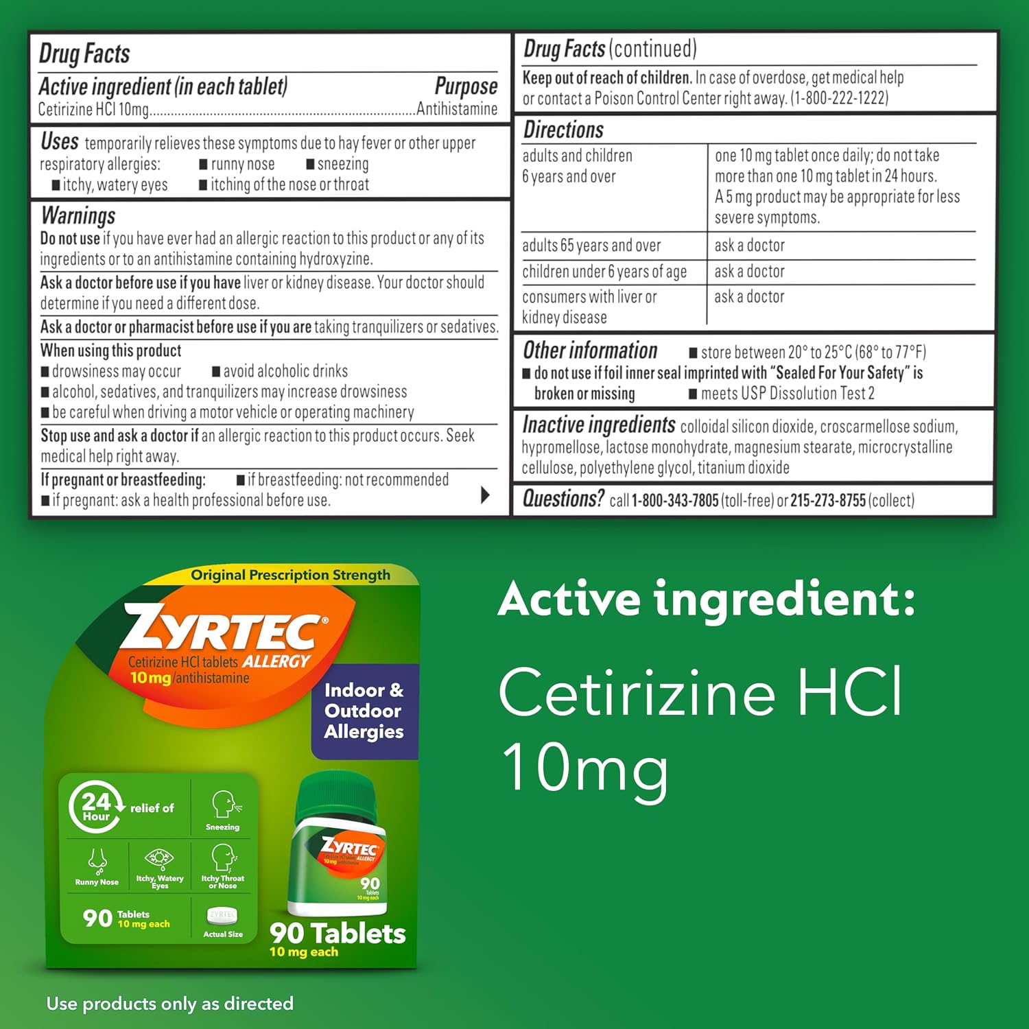 Zyrtec 24-Hour Allergy Relief Tablets, 90-Ct Size Plus 3x1-Ct Packs | 10 mg Cetirizine HCl, Allergy Medicine, For Symptoms like Runny Nose, Sneezing, Itchy & Watery Eyes & Itchy Nose or Throat - Image 8