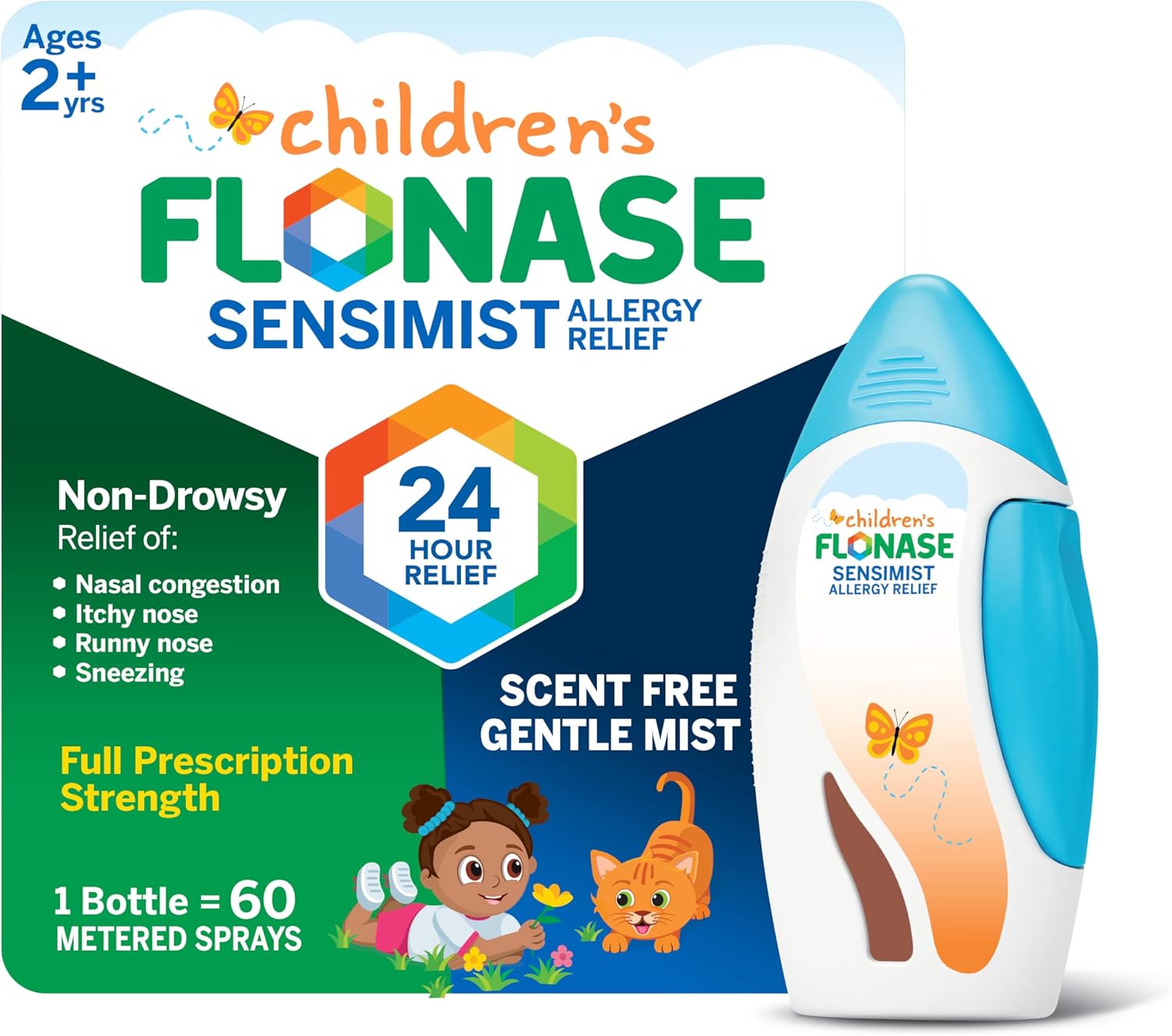 Flonase Children's Sensimist Allergy Relief Spray, 60 Sprays | Fluticasone Propionate Nasal Spray, Multi-Symptom Relief, 24-Hour Non-Drowsy Allergy Relief, Full Prescription Strength
