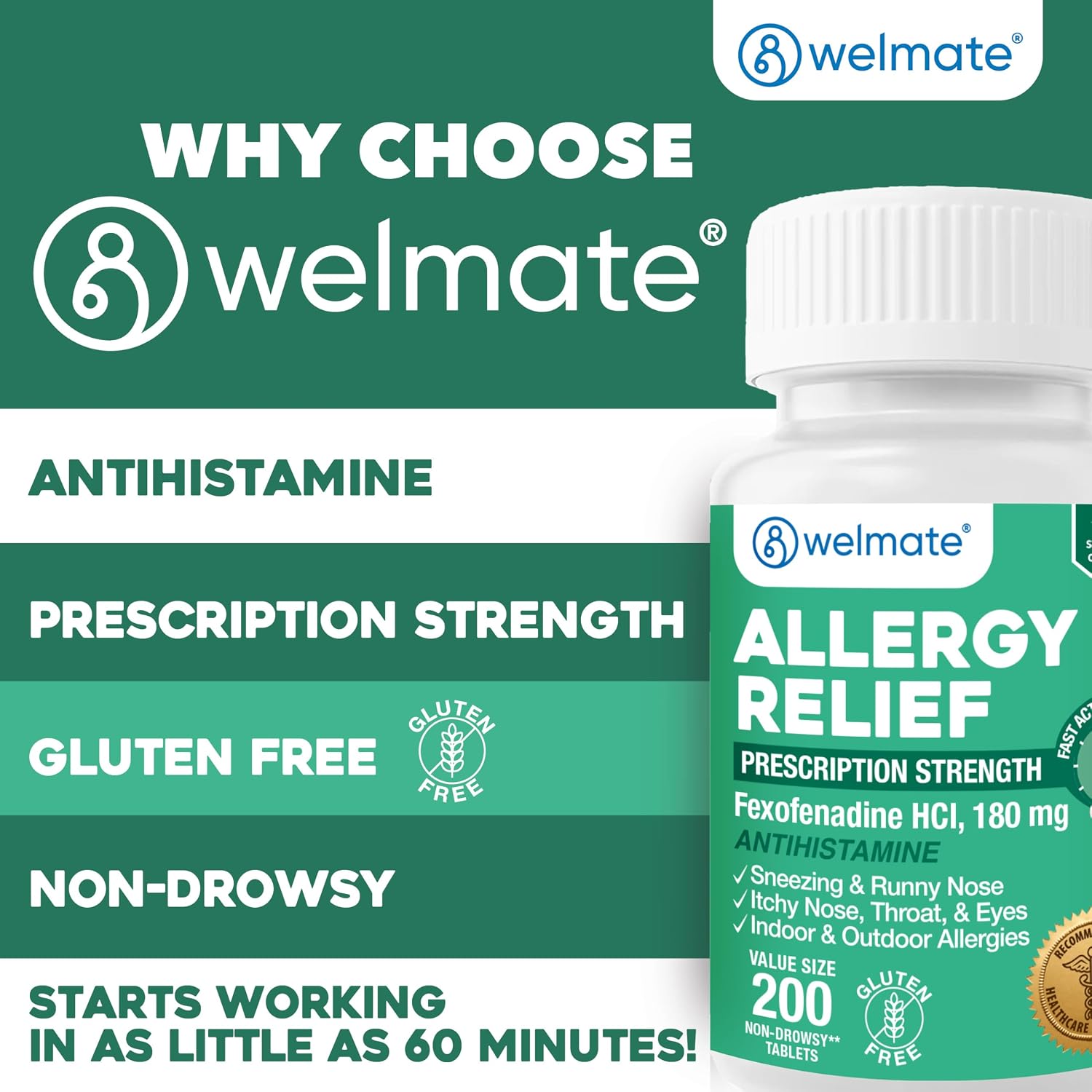 WELMATE Fexofenadine HCl 180mg Allergy Relief Tablets, 200 Count | 24-Hour Non Drowsy Antihistamine for Sneezing, Runny Nose, Itchy Watery Eyes - Indoor & Outdoor Allergy Medicine, Hay Fever - Image 5