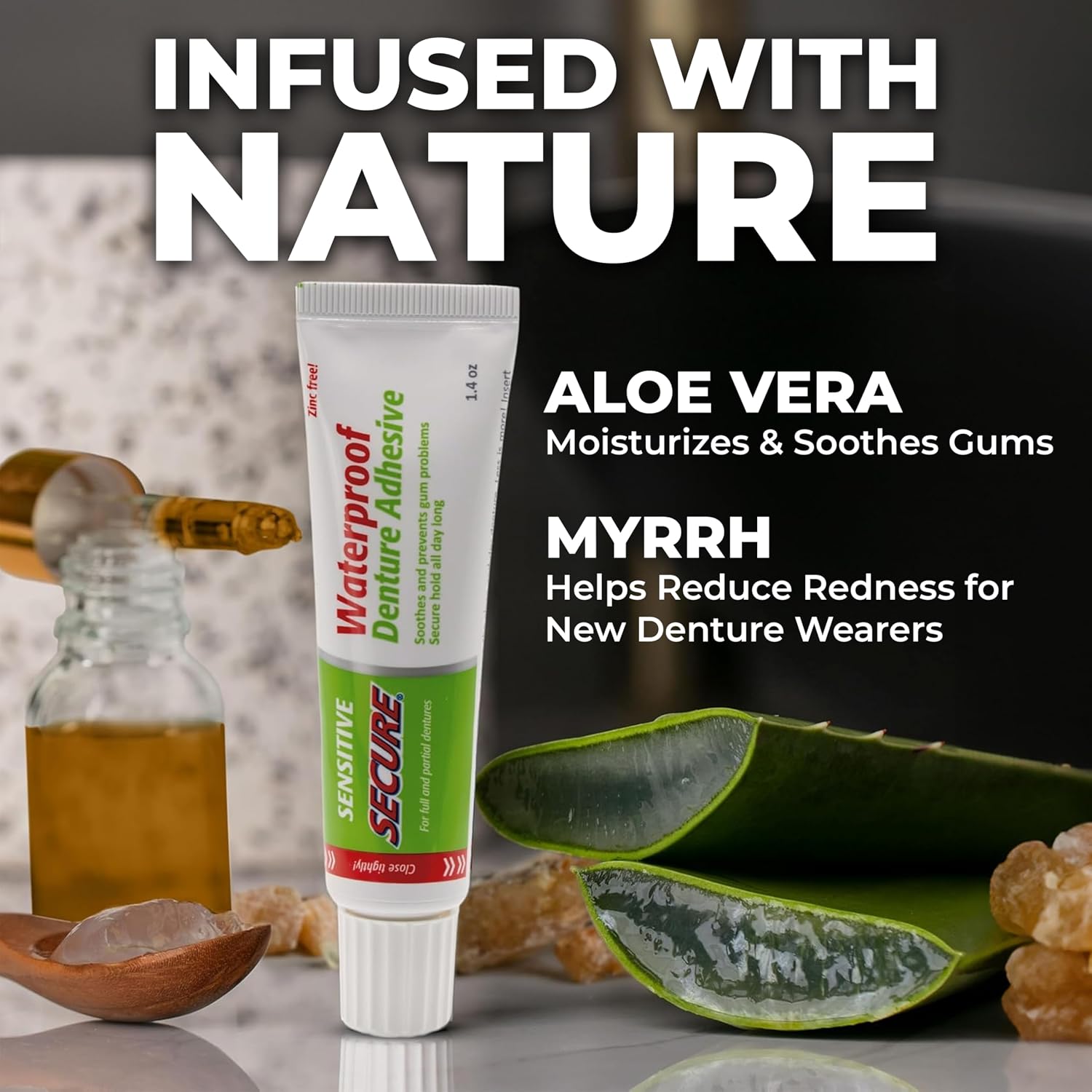 Secure Sensitive Denture Adhesive Cream, Zinc Free Denture Glue, 1.4 oz | Aloe Vera & Myrrh to Nourish Your Gums - Uppers, Lowers & Partials - Waterproof & Zinc Free - Less Adhesive, More Hold - Image 4